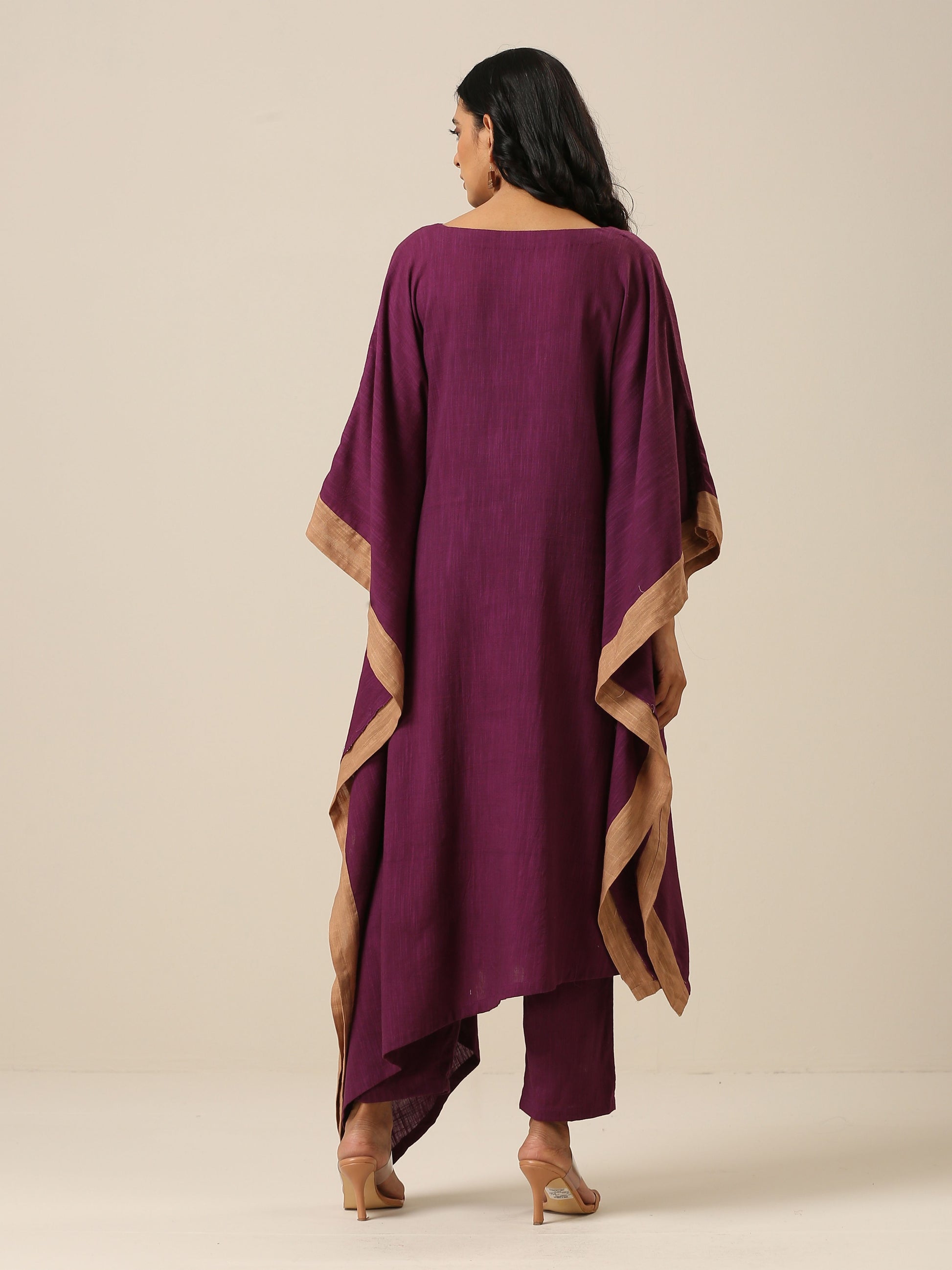 trueBrowns Plum Purple Slub Texture High Low Kaftan Pant Set 