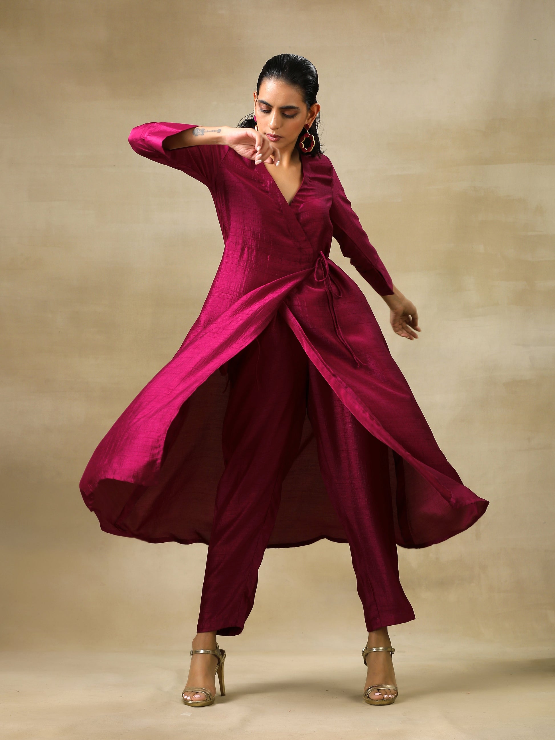 trueBrowns Purple Textured Silk Angrakha Kurta Pant Set 