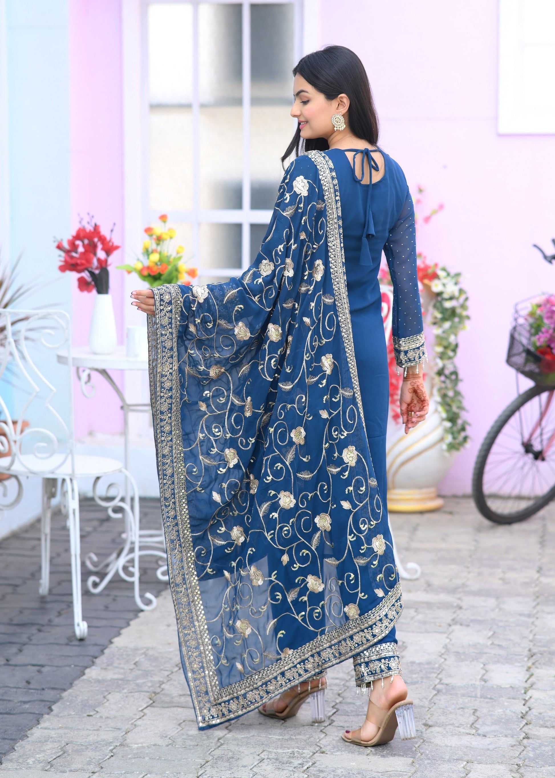 Teeya Creation Blue Color Faux Georgette Silk Heavy Embroidery Work Fully Stitched Salwar Suit
