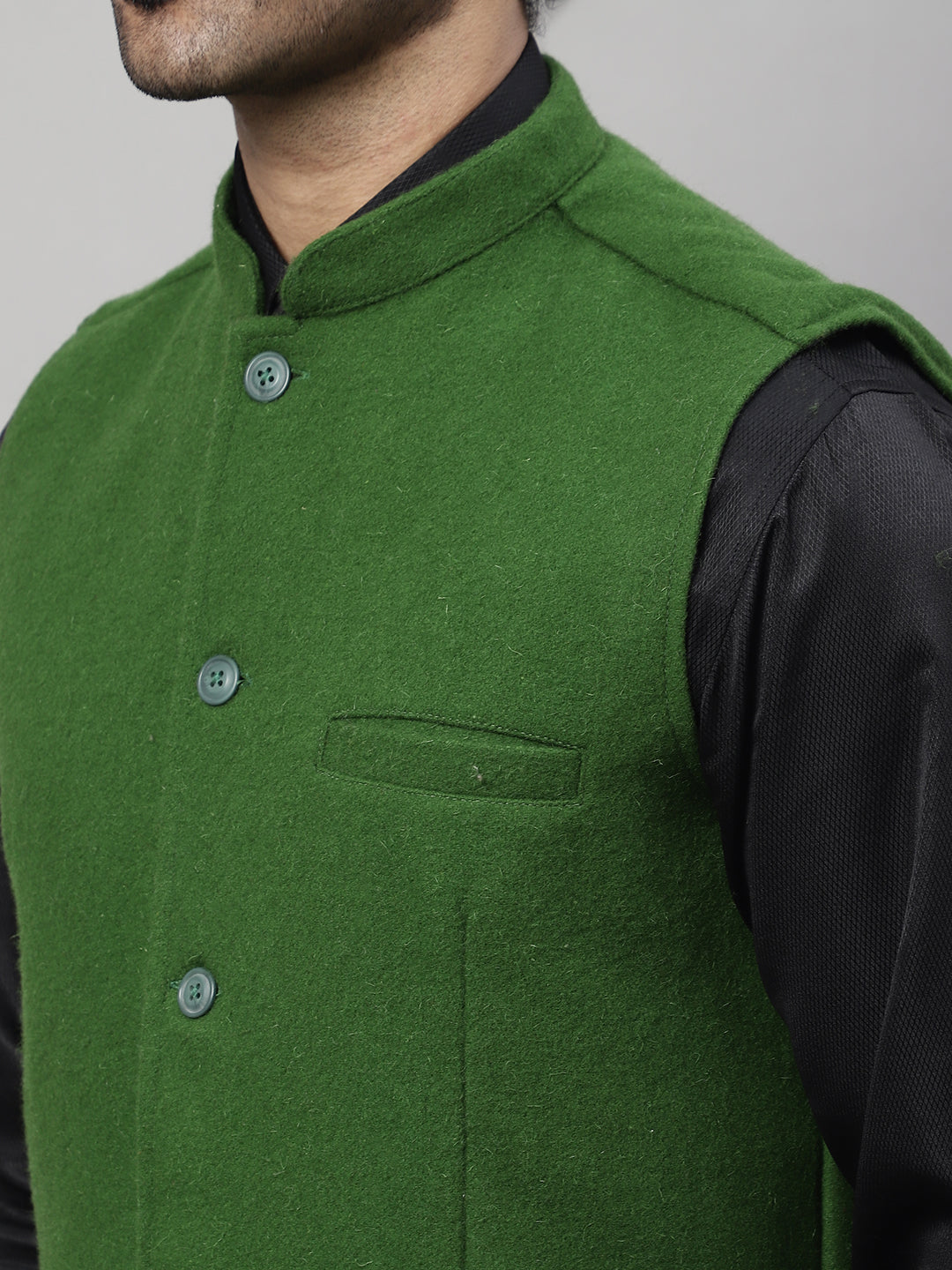 Even Apparels Men's Green Pure Wool Nehru Jacket 