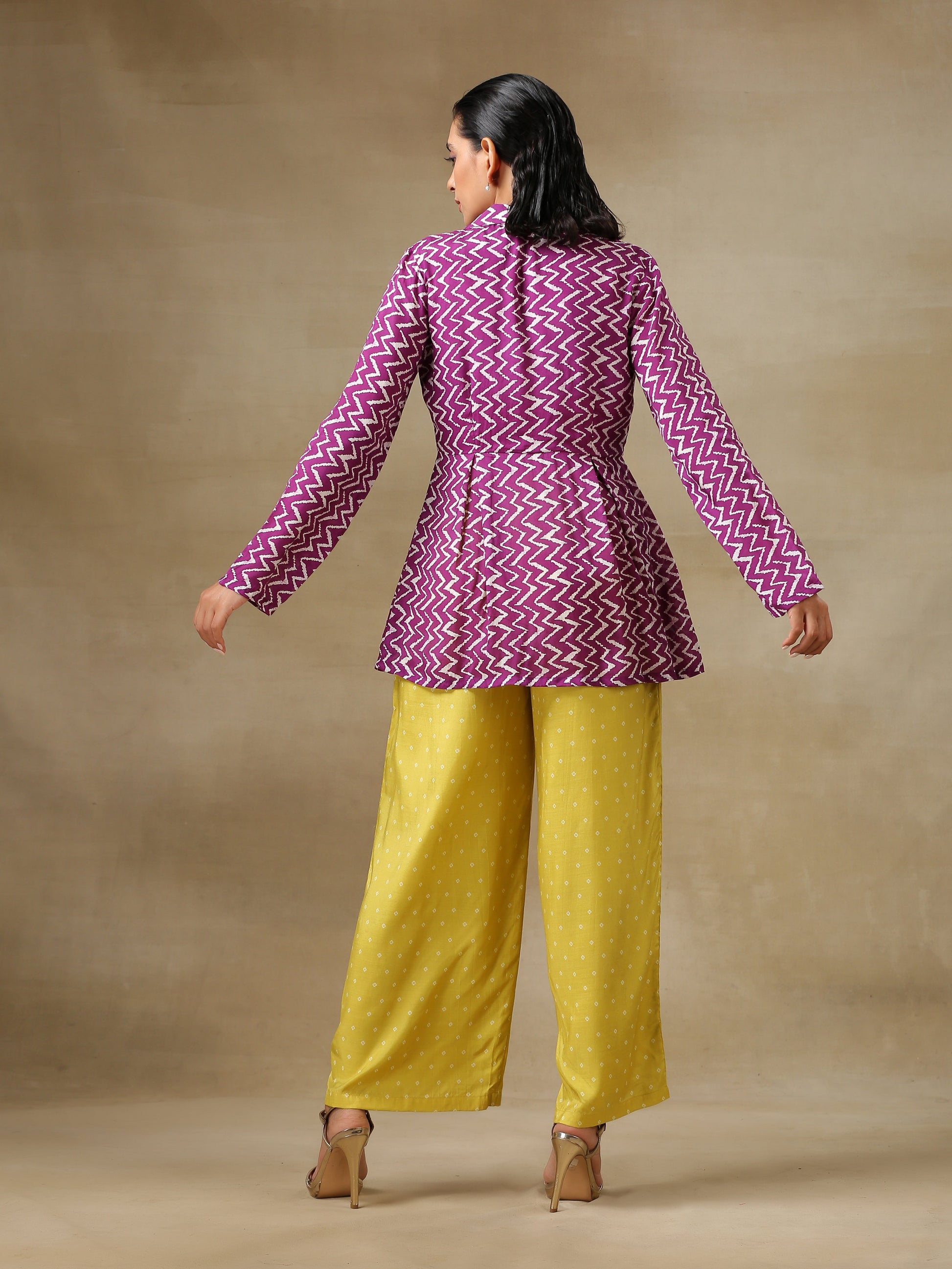 trueBrowns Lime Green Bandhani Printed Silk Top Pant with Purple Printed Jacket Set 