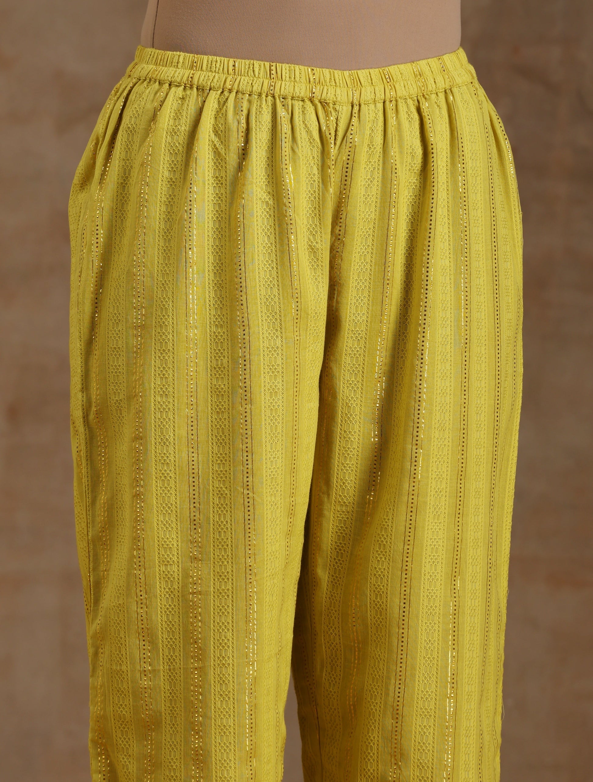 trueBrowns Lime Gold Cotton Relax High Slit Kurta Set 