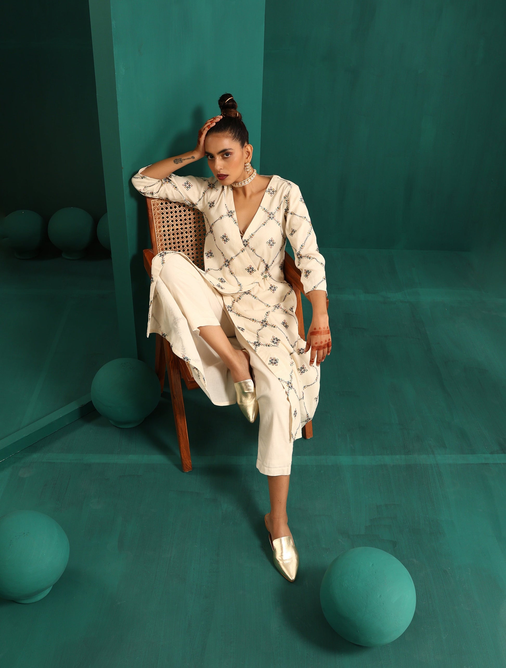 trueBrowns Ivory Rhombus Cotton Angrakha Kurta Pant Set 