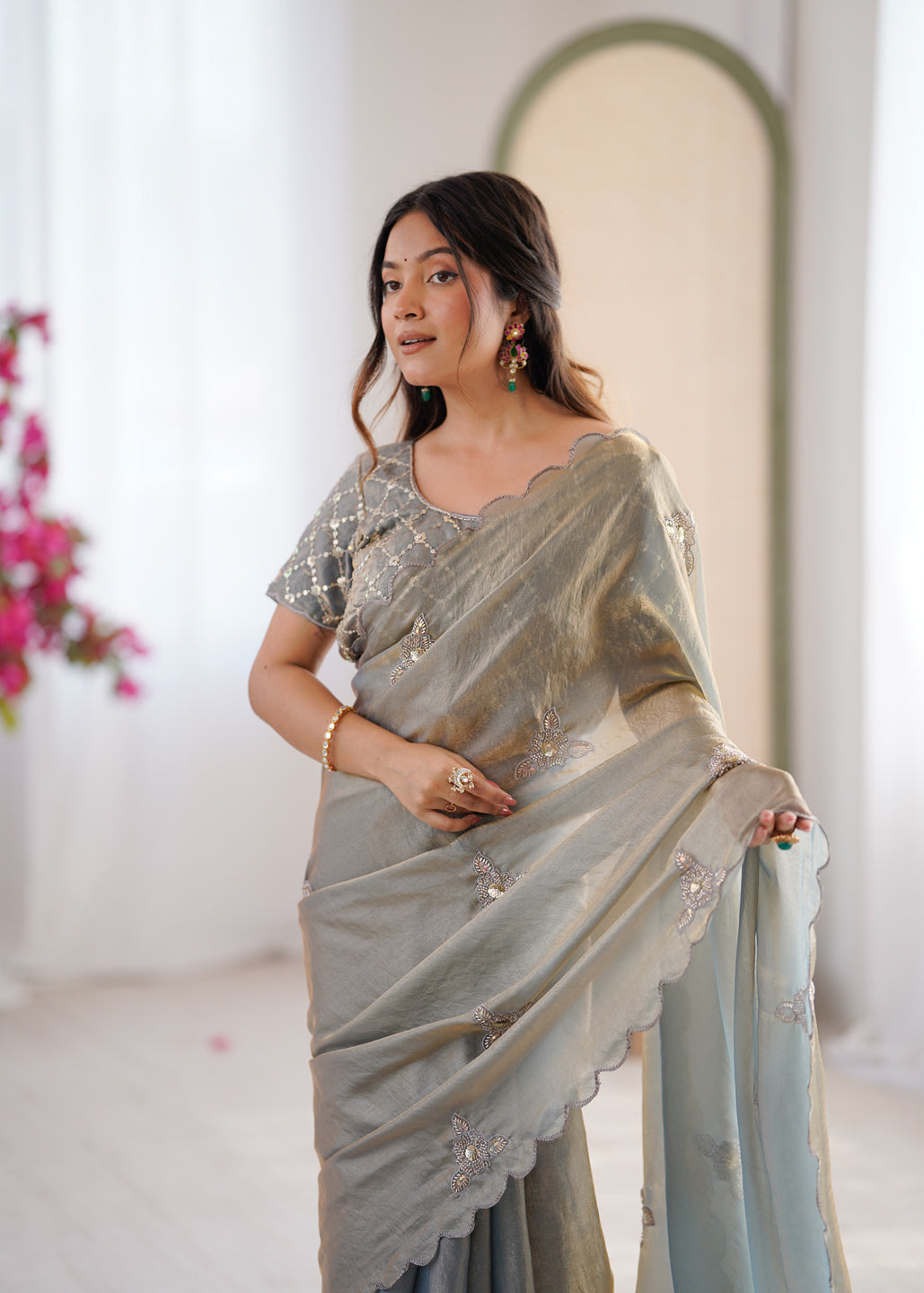 Evanik Designer Heavy Fendy Satin With Beads Embroidered Work Saree With Unstitched Blouse