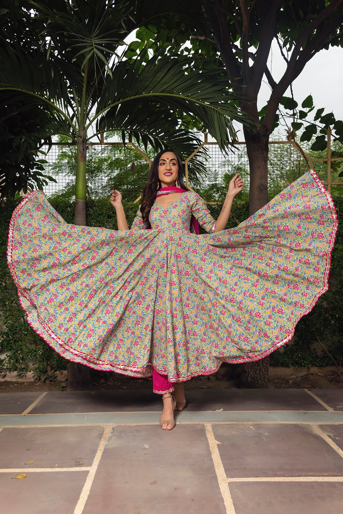 Pomcha Jaipur Jaipuri Hand Block Cotton Anarkali Set 