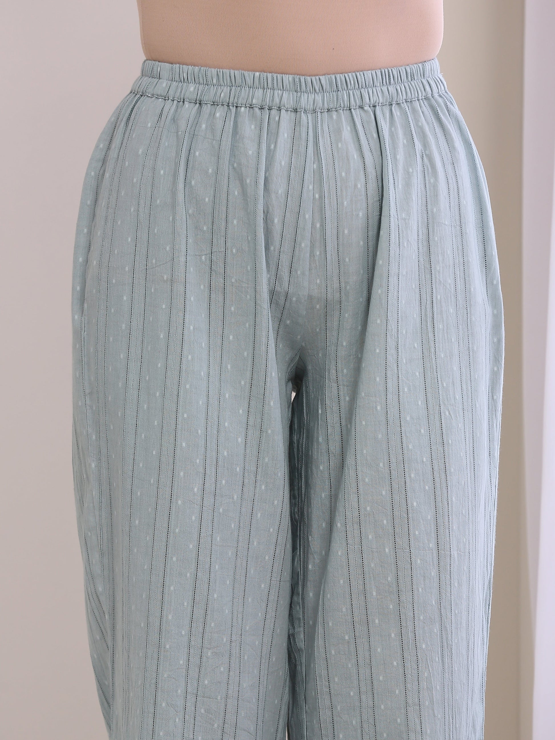trueBrowns Eggshell Blue Dobby Neck Pleat Kurta Pant Set 