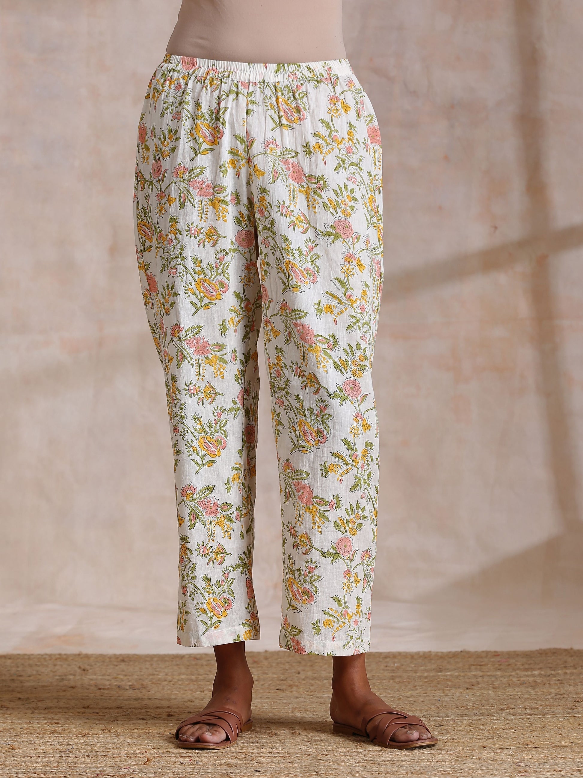 trueBrowns Pink Yellow Floral On White Block Print Cotton Panel Kaftan Kurta Pant Set 