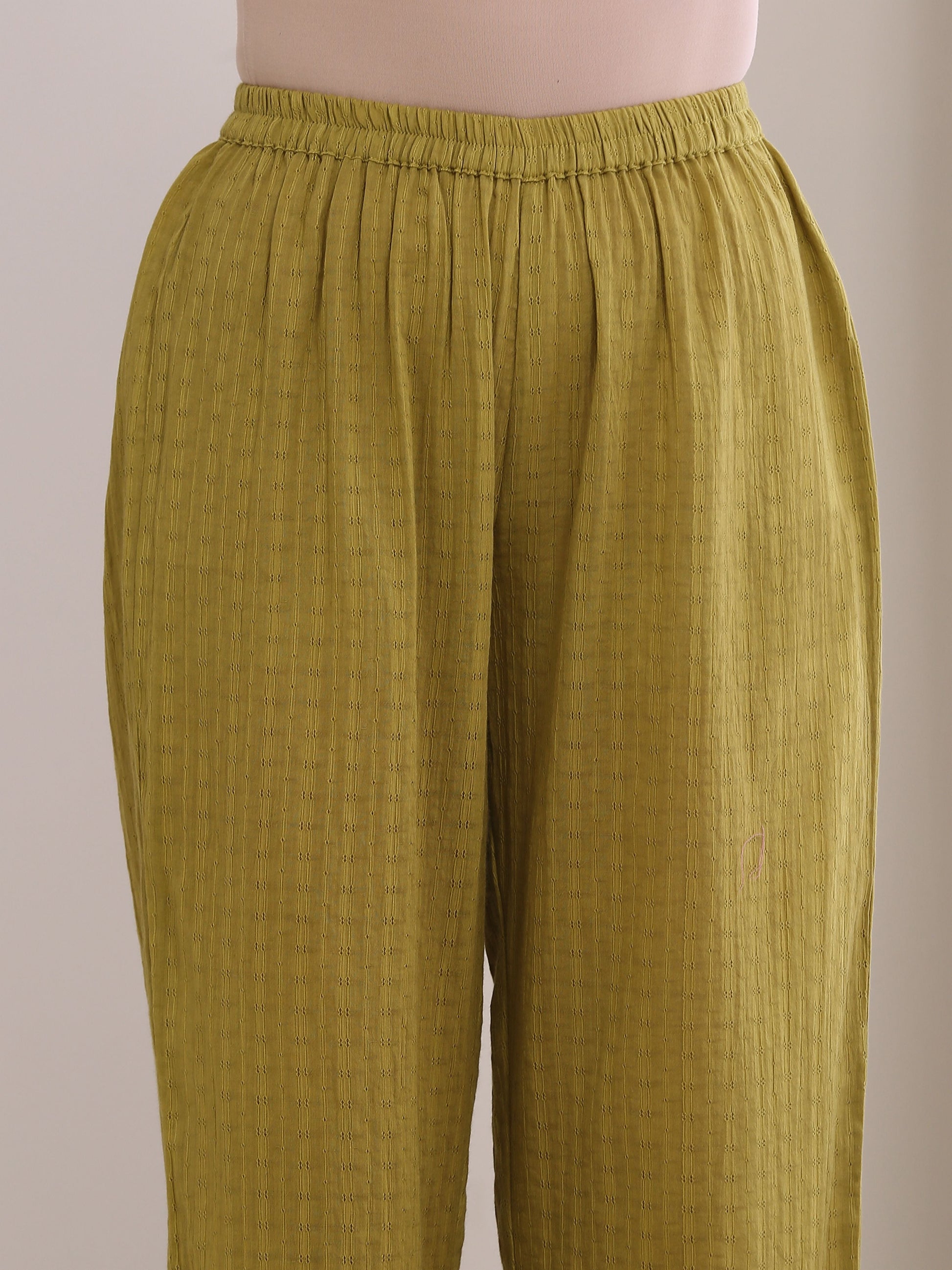 trueBrowns Avacado Green Dobby Flared Slit Kurta Pant Set 