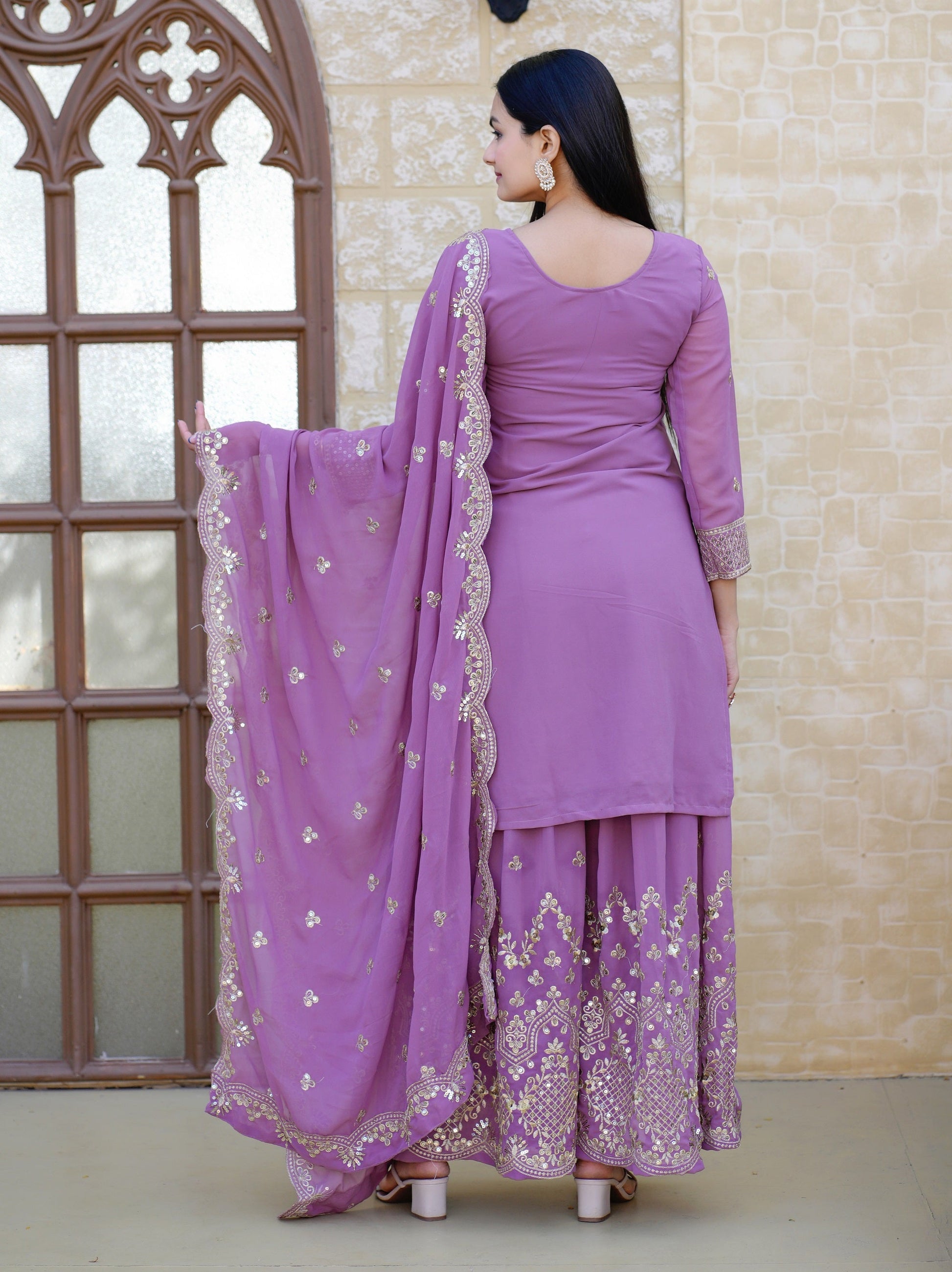 Teeya Creation Lavendar Color Georgette Heavy Embroidery Work Fully Stitched Sharara Suit Set