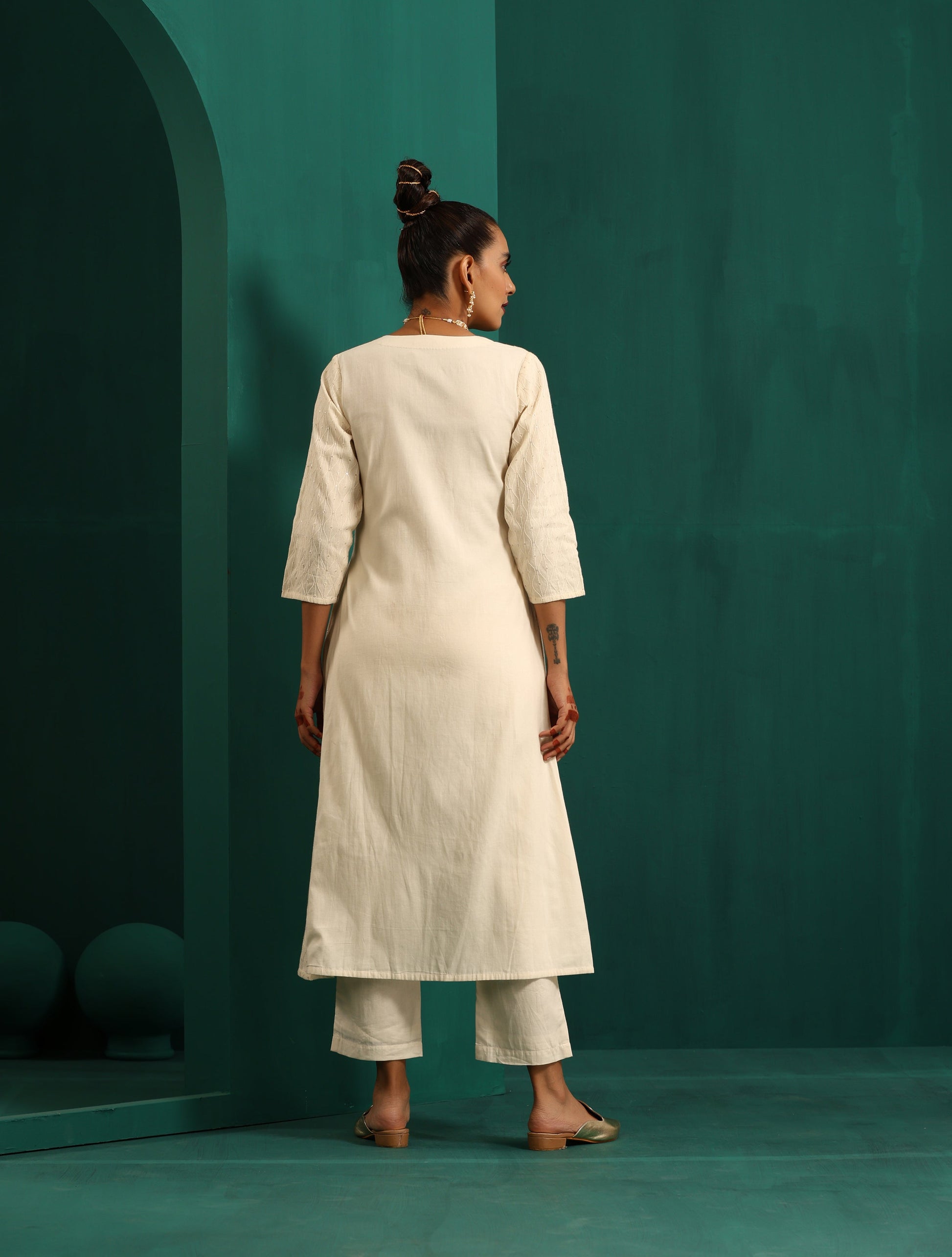 trueBrowns Ivory Tonal Cotton Angrakha Kurta Pant Set 