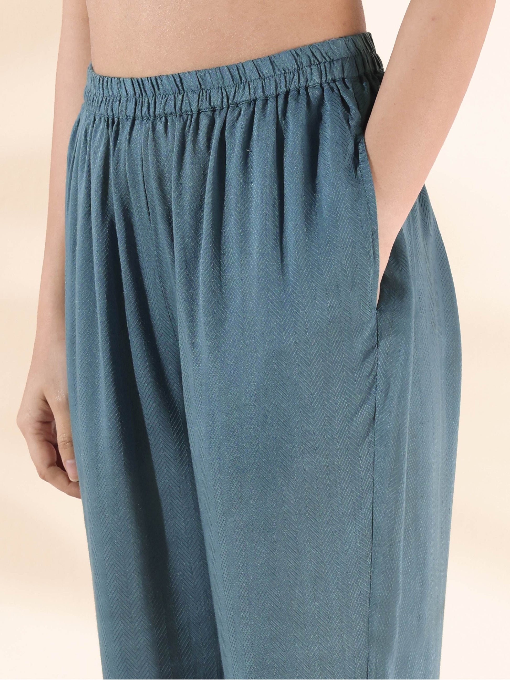 trueBrowns Turquoise Viscose Dobby Flared Kurta Pant Set 