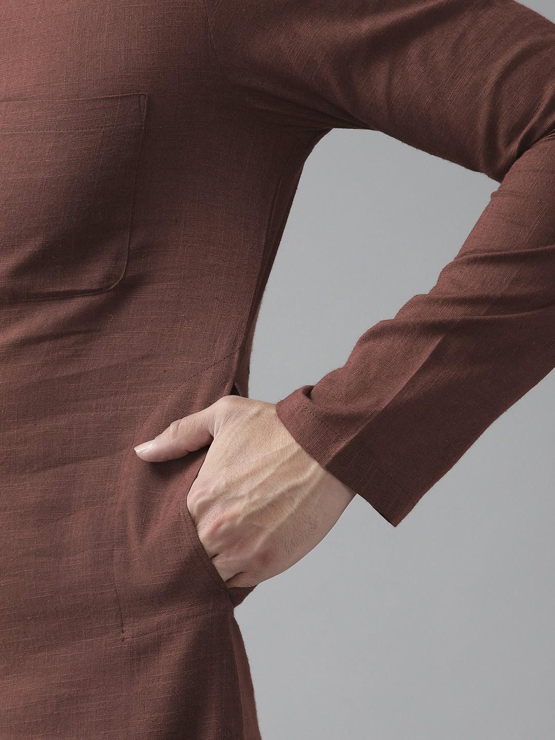 Fabmade Men Brown Cotton Linen Kurta Pyjama