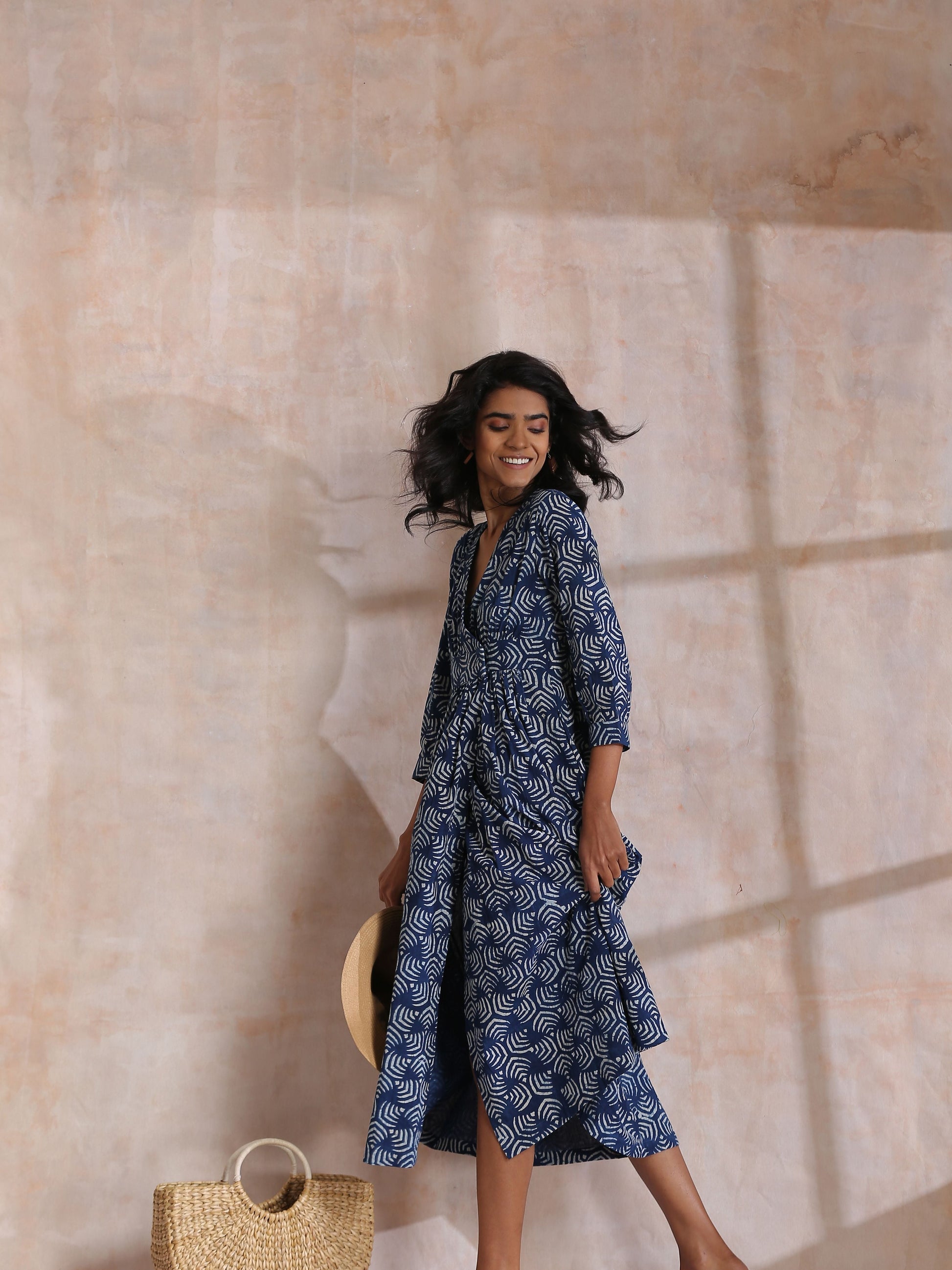trueBrowns Indigo Dabu Overall Print Cotton Wrap Dress 