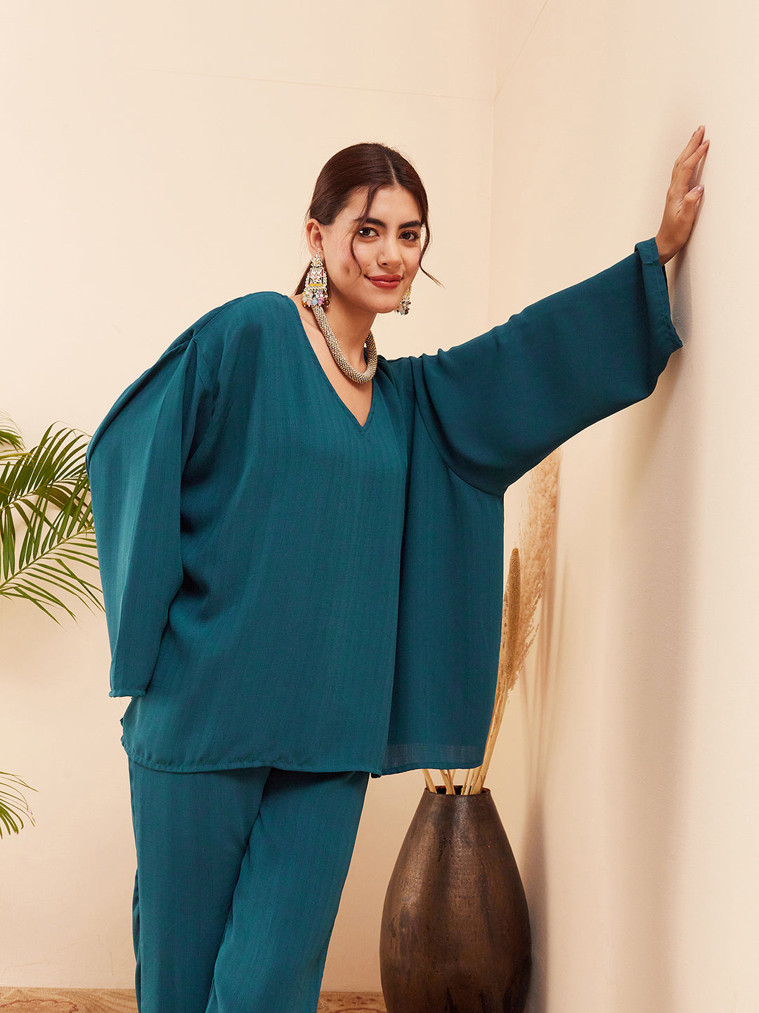 InWeave Women's Dark Ocean Full Sleeve Boho Top Bottom Set 