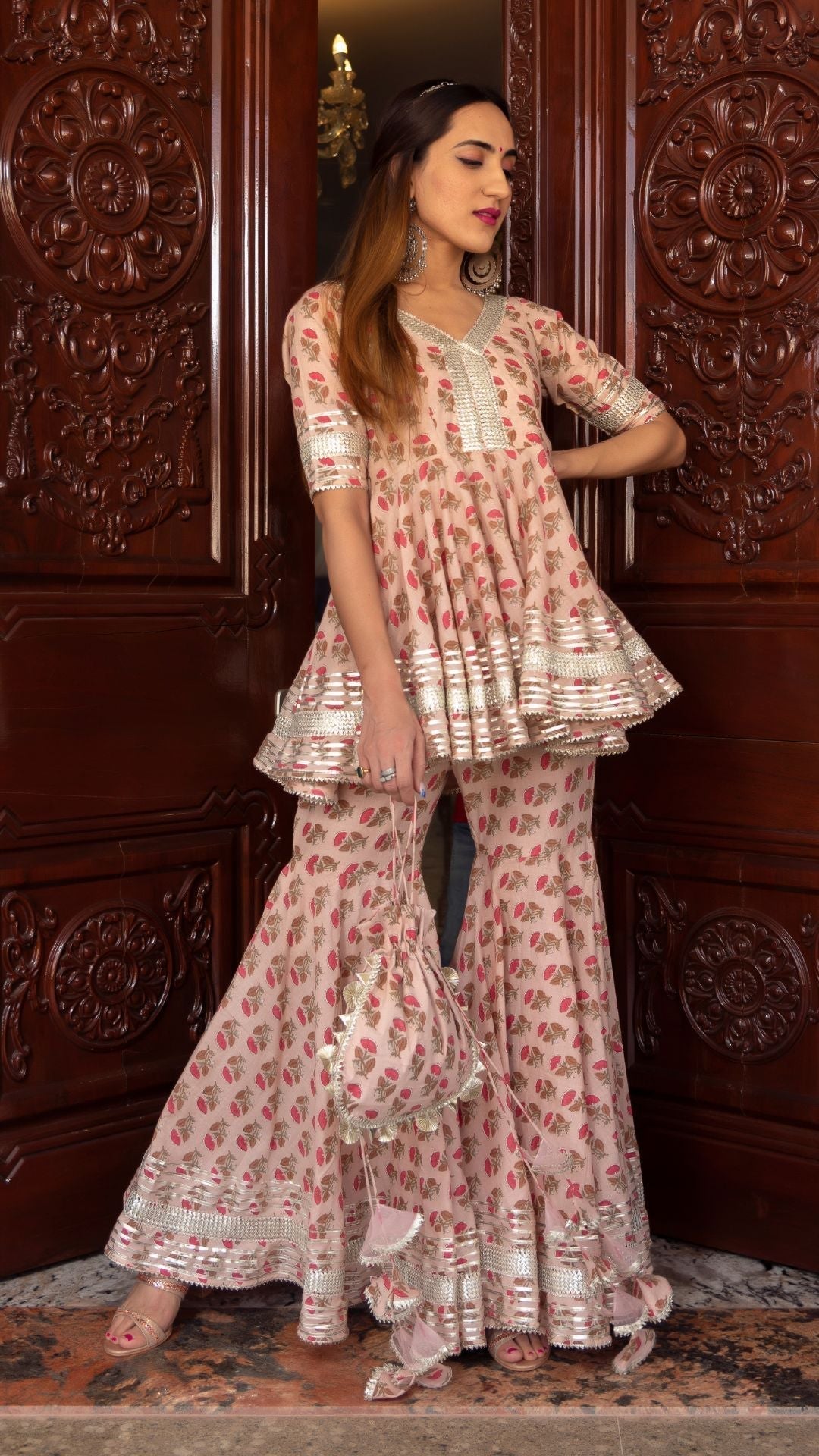 Pomcha Jaipur Peach Hand Block Cotton Sharara Set 