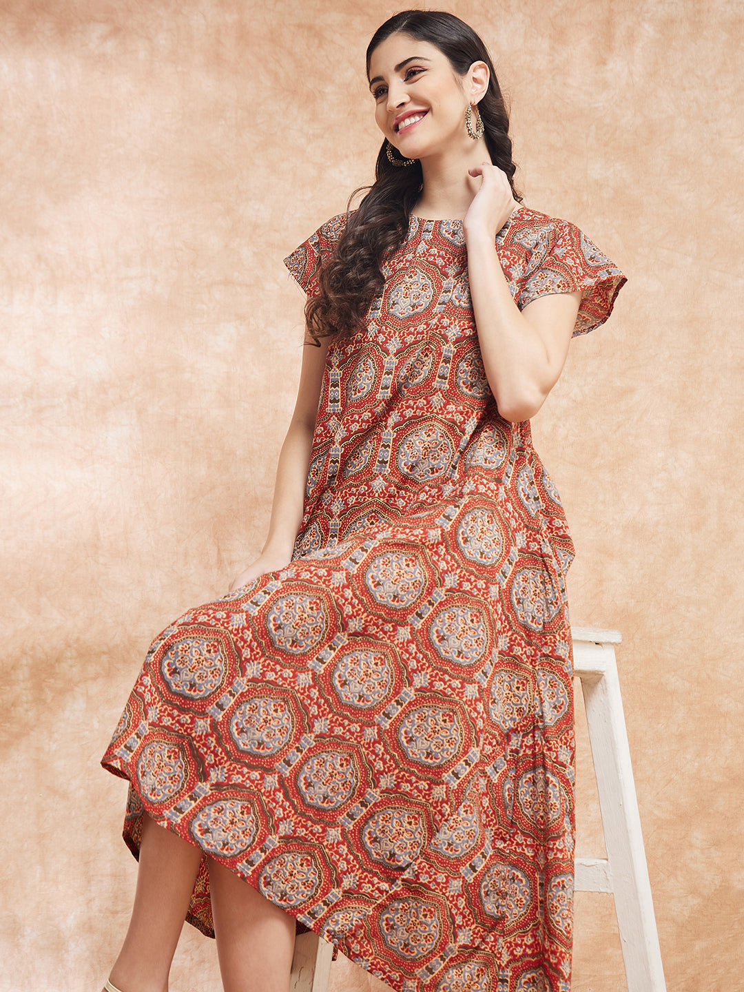 InWeave Women's Maroon Mughal Kalamkari A Line Dress 