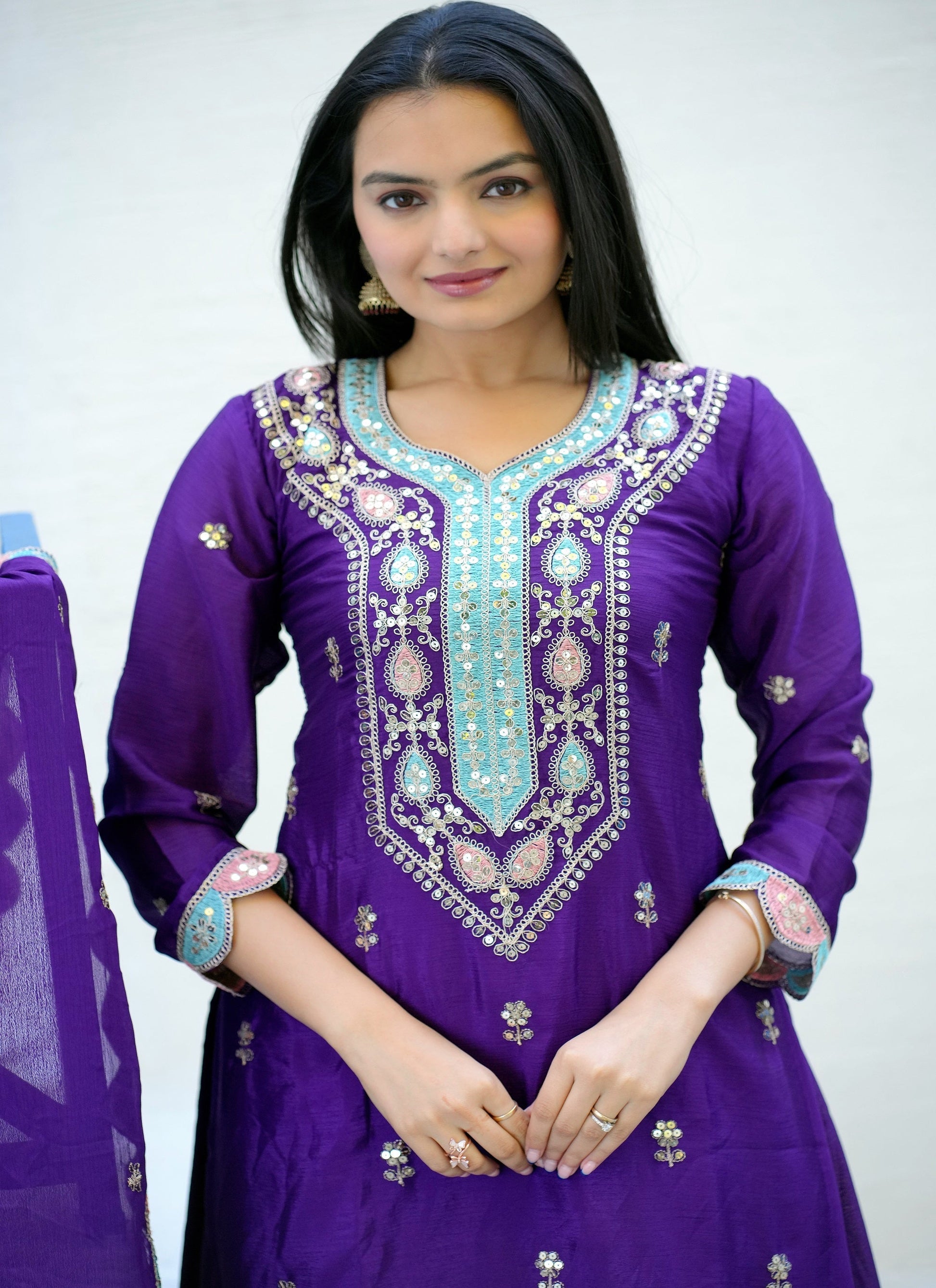 Teeya Creation Purple Color Chinon Silk Heavy Embroidery Work Fully Stitched Sharara Suit