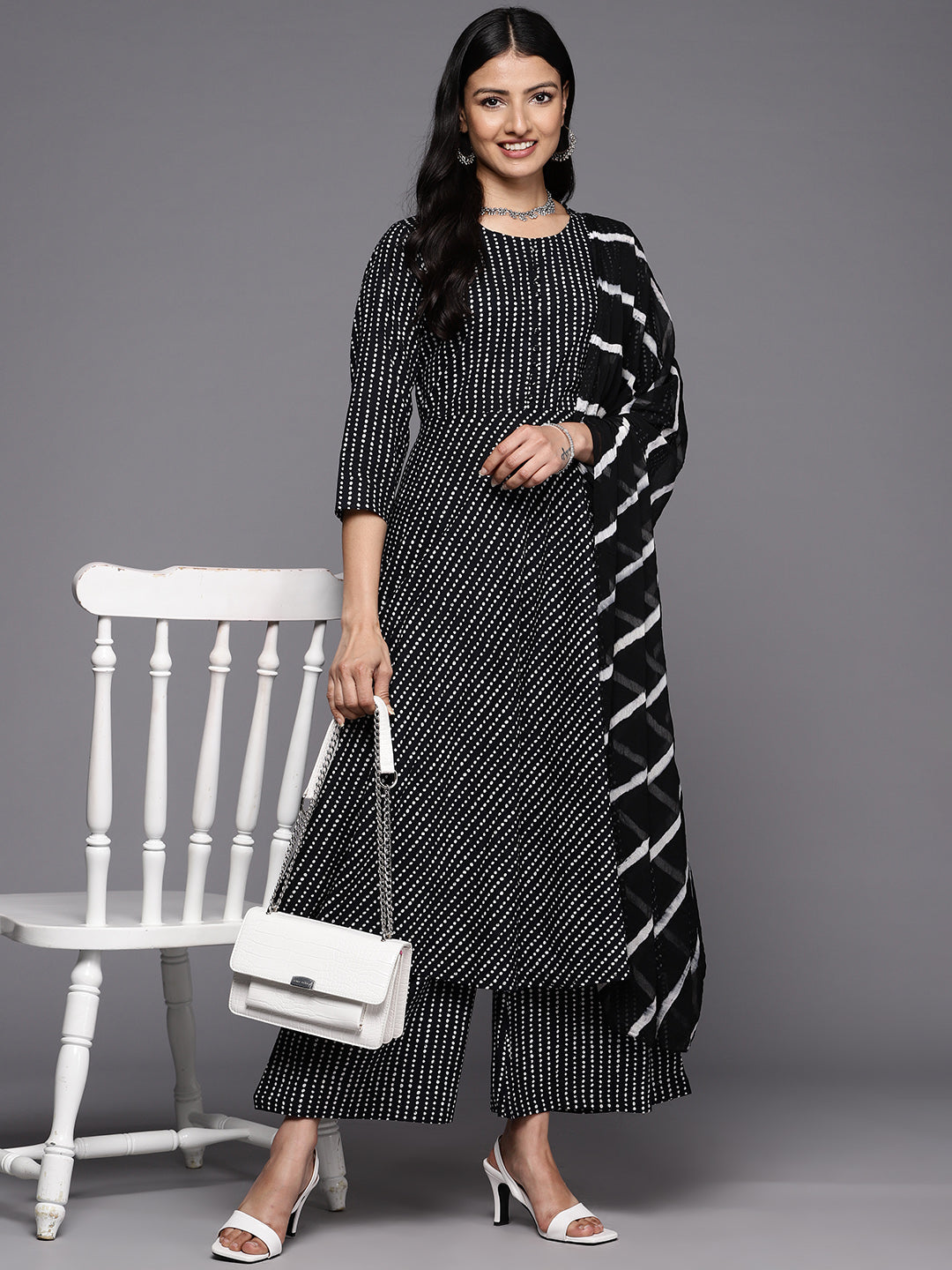 KSUT (House of Varanga) Black And White Cotton Printed Anarkali Kurta Paired With Palazzo And Chiffon Dupatta