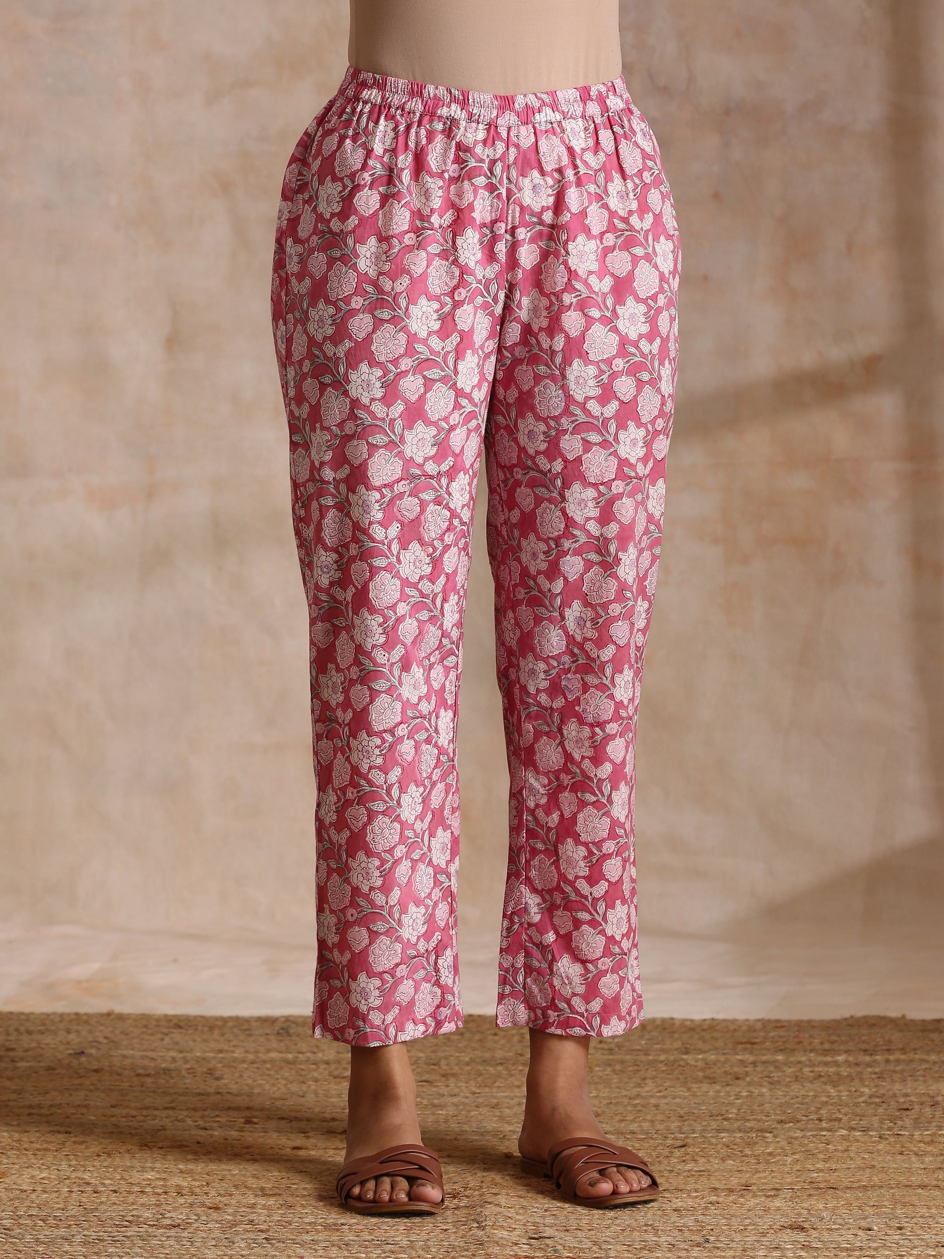 trueBrowns Pink Overall Floral Block Print Cotton Flared Kurta Pant Set 