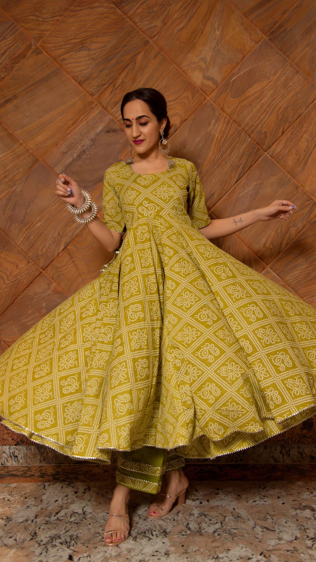 Pomcha Jaipur Bandhej Mehndhi Green Cotton Anarkali Set 