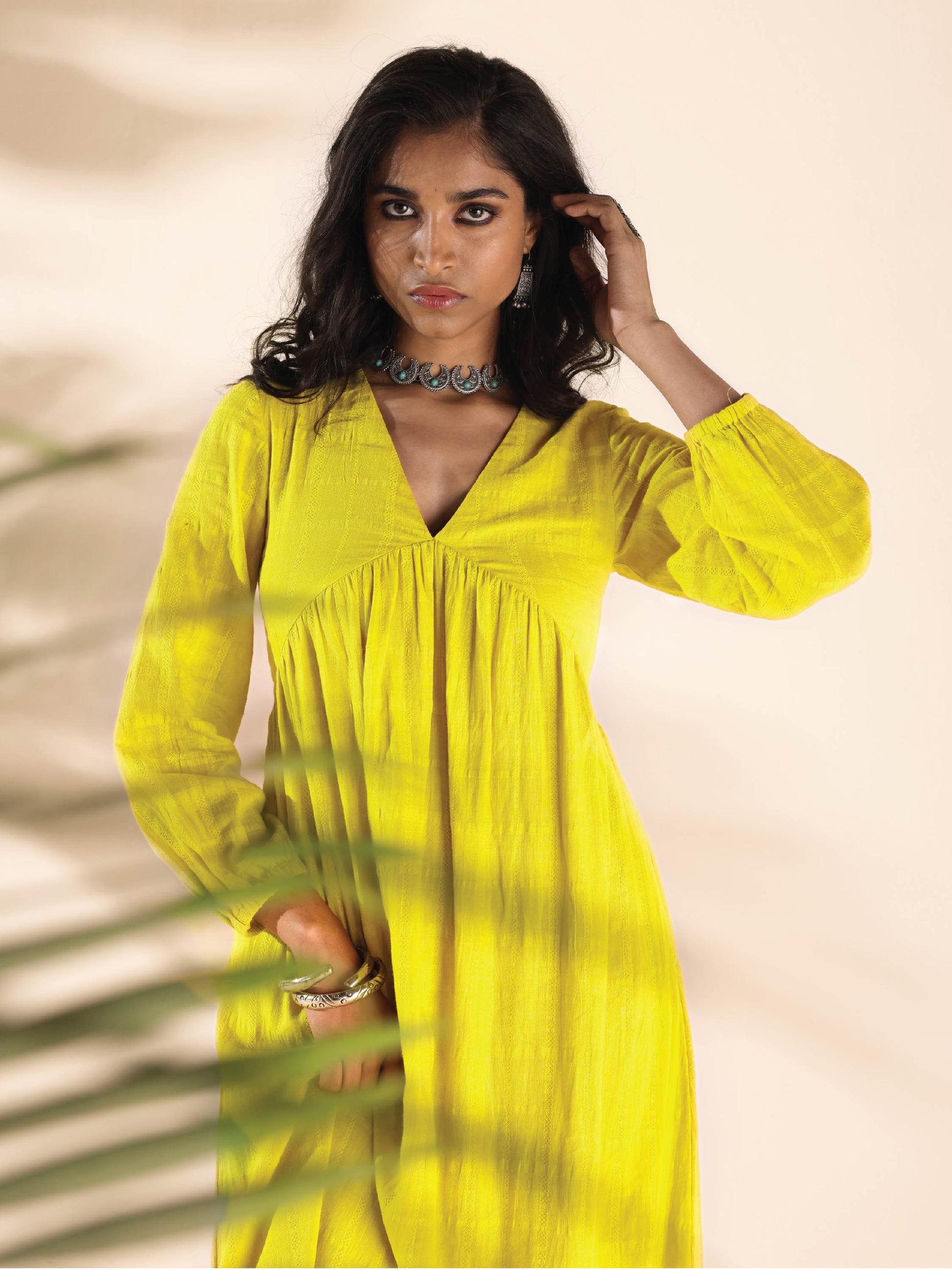 trueBrowns Lime Cotton Dobby Flared Dress 