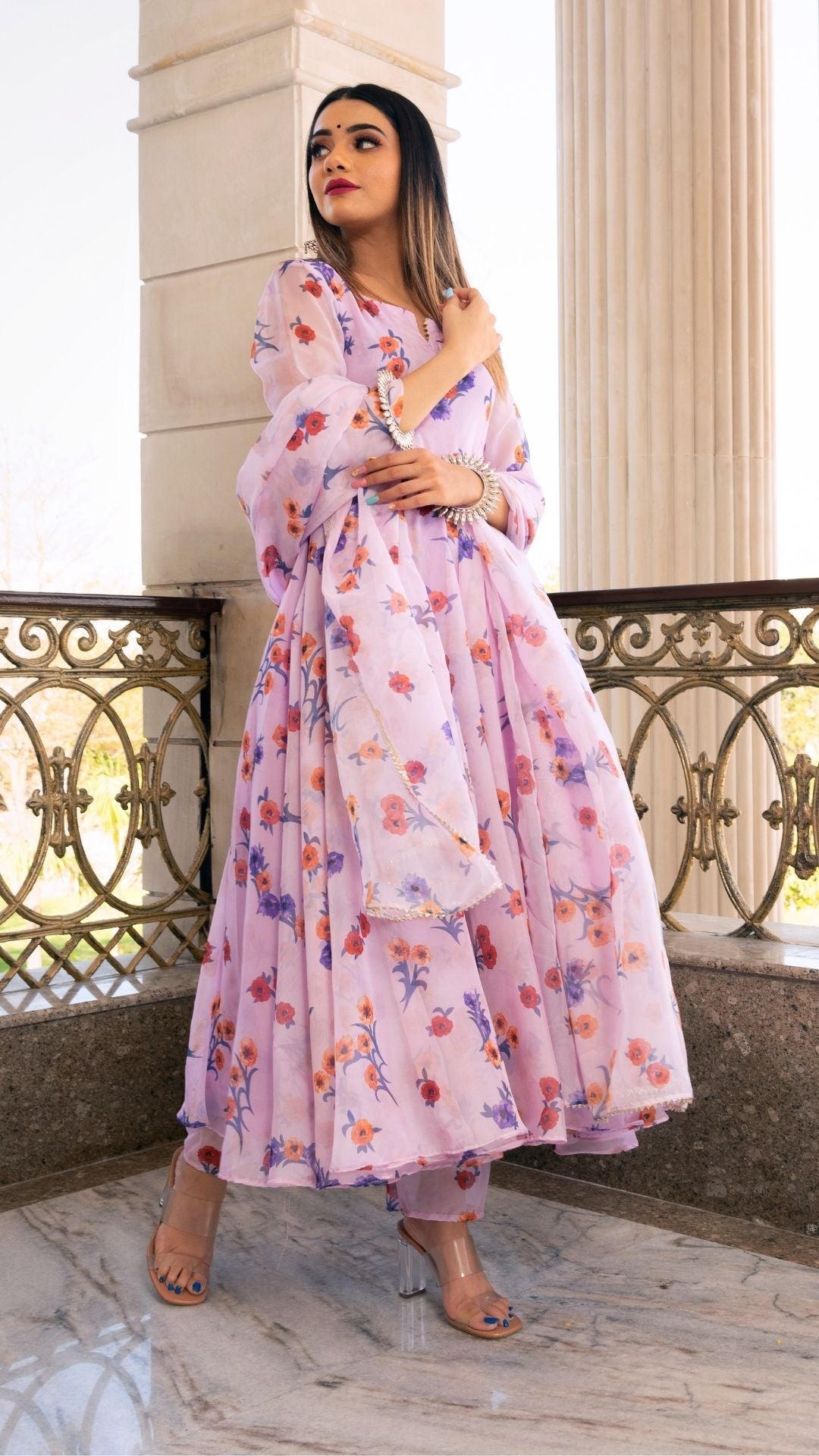 Pomcha Jaipur Lavender Gangaur Printed Organza Anarkali 