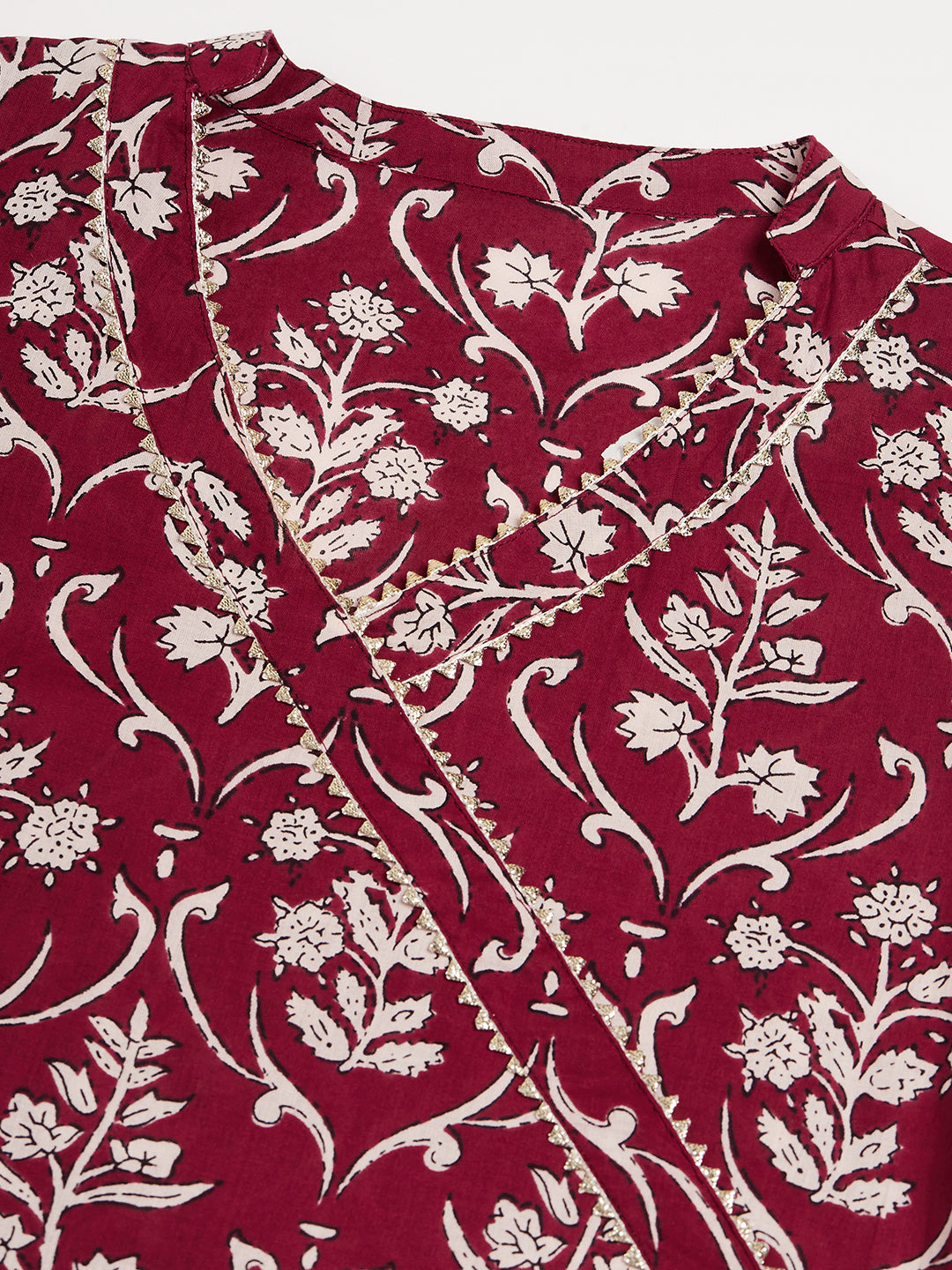 InWeave Women's Wine Floral Print Straight Angrakha Gota Kurta 