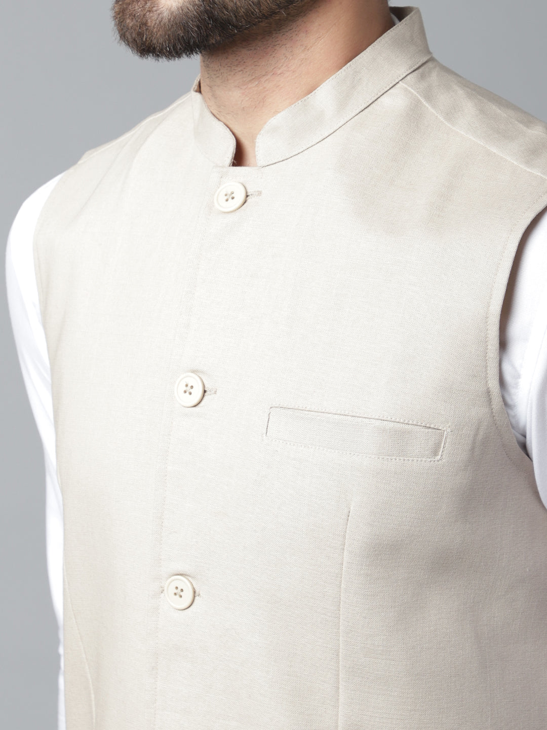 Even Apparels Men's Cream Nehru Jacket With Welt Pockets 
