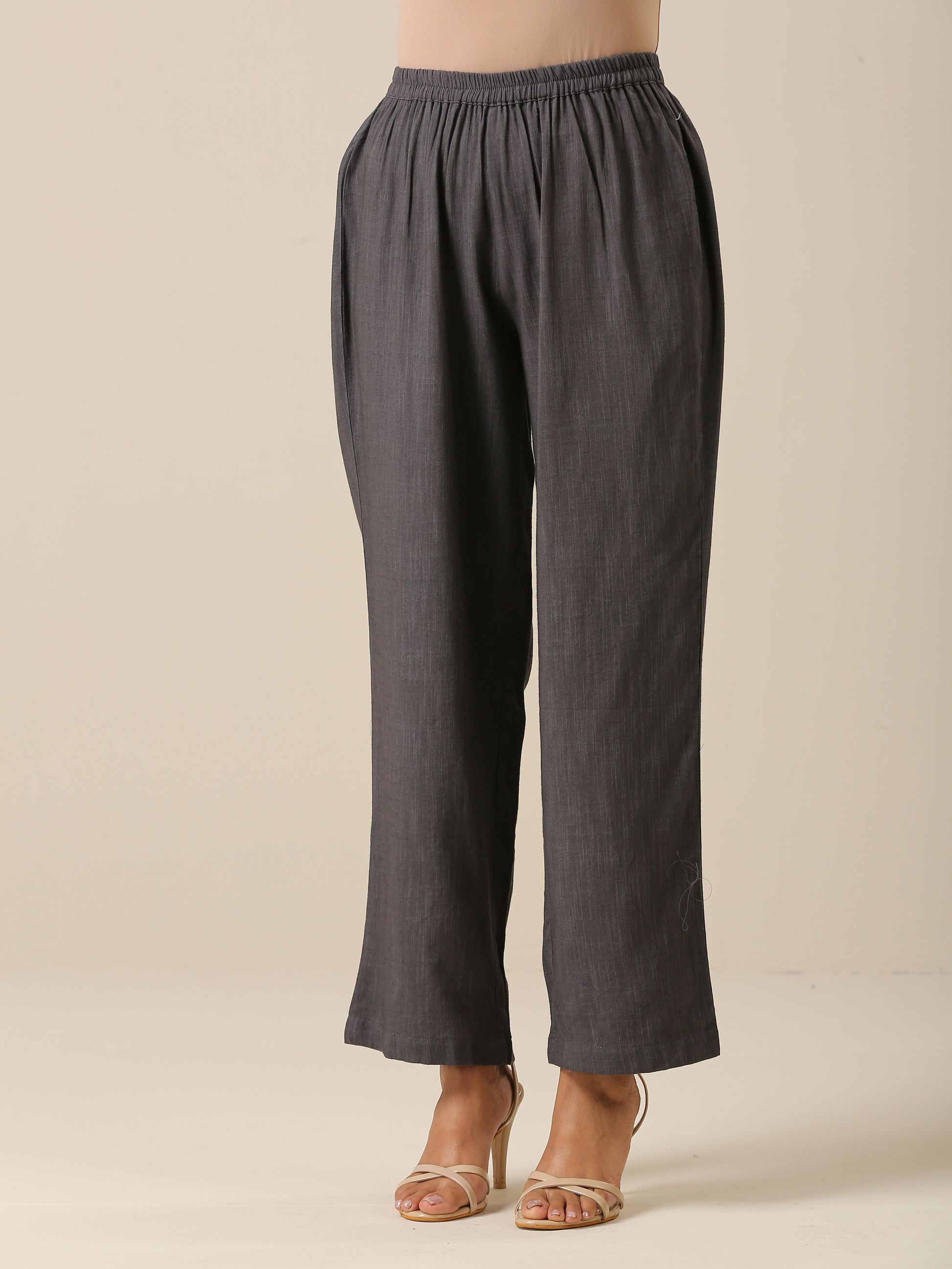 trueBrowns Slate Grey Slub Texture Overlap Pleat Kurta Pant Set 