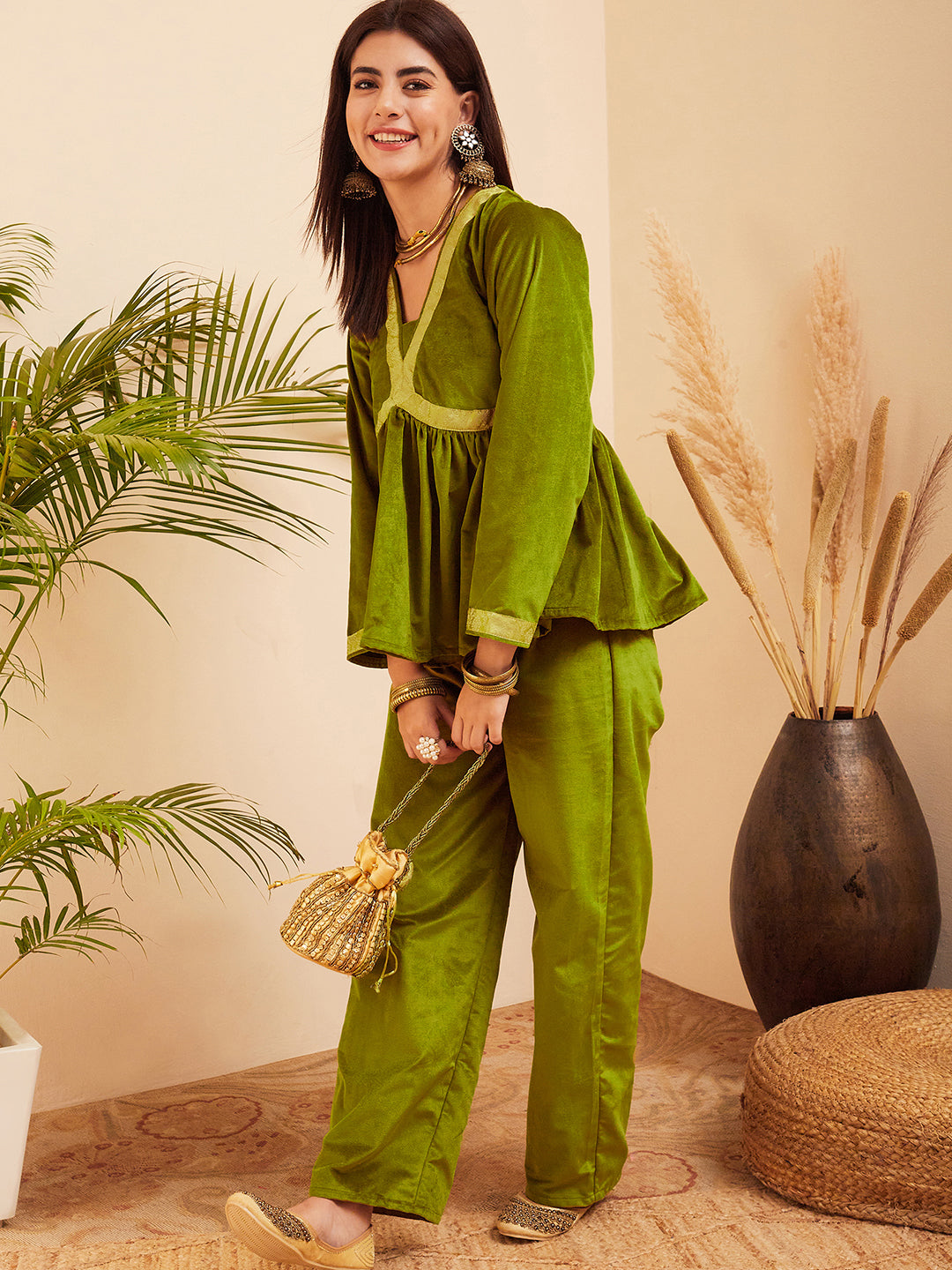 InWeave Women's Olive Mughal Shaan Style Velvet Short Kurta Set 