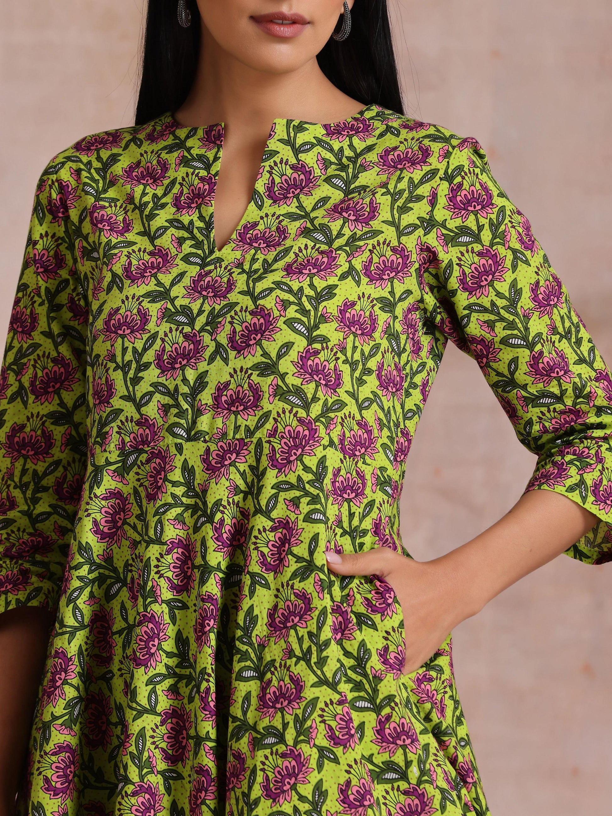 trueBrowns Lime Green Overall Pink Floral Block Print Cotton Flared Kurta Pant Set 