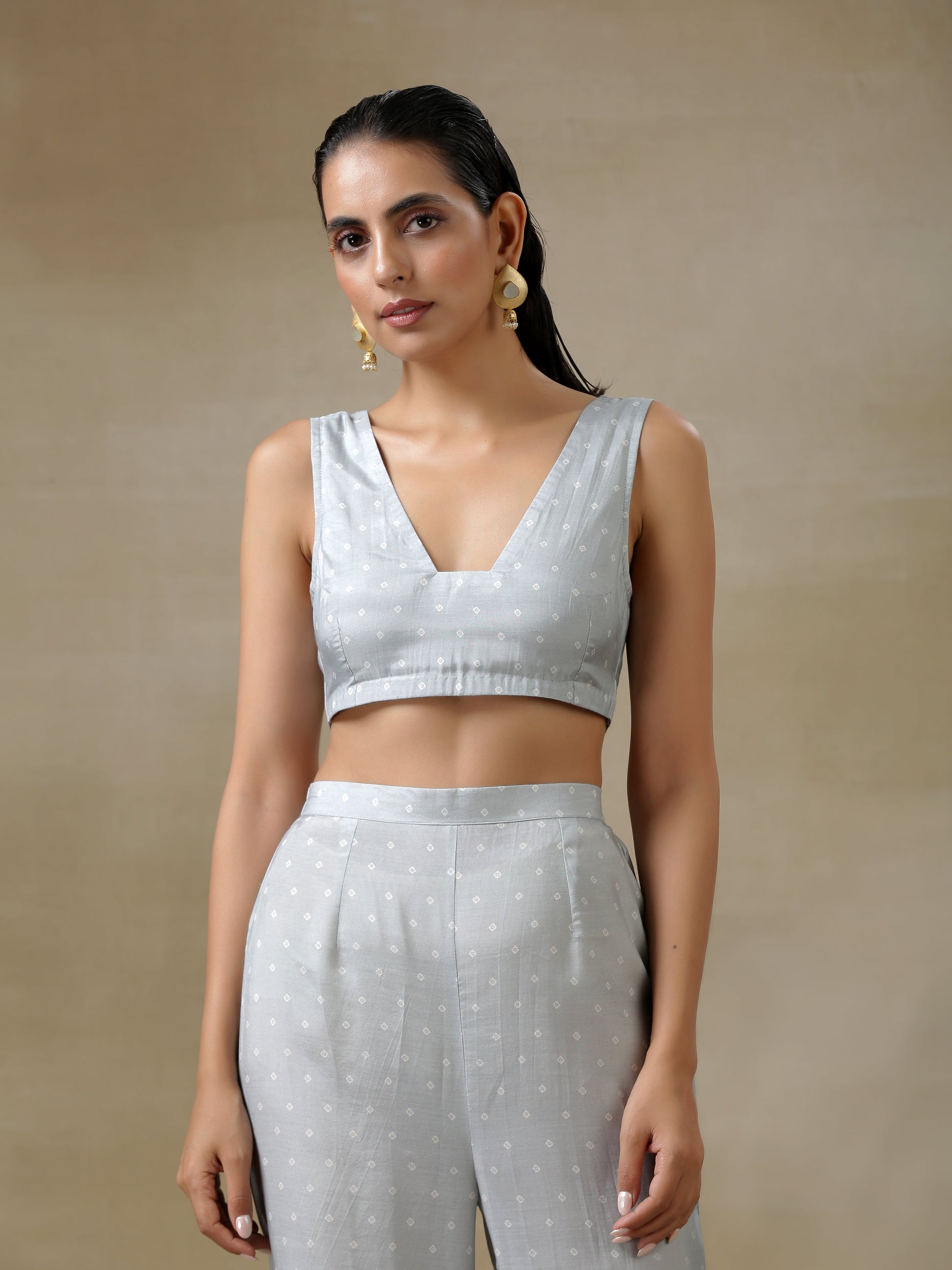 trueBrowns Grey Bandhani Printed Silk Overlay Jacket Blouse Pant Set 