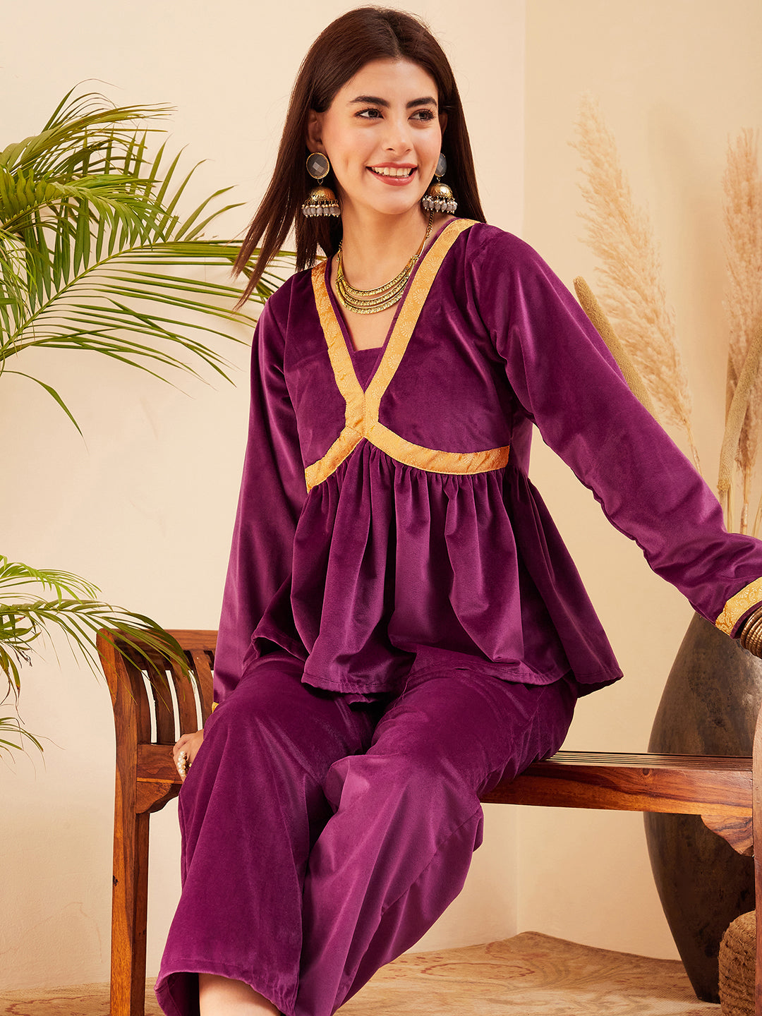 InWeave Women's Wine Mughal Shaan Style Velvet Short Kurta Set 