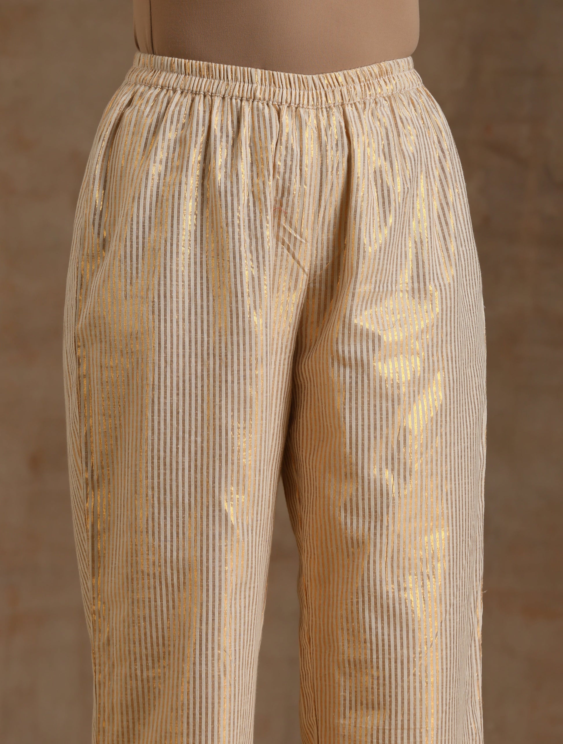 trueBrowns Ivory Gold Cotton Neck Pleat Kurta Set 