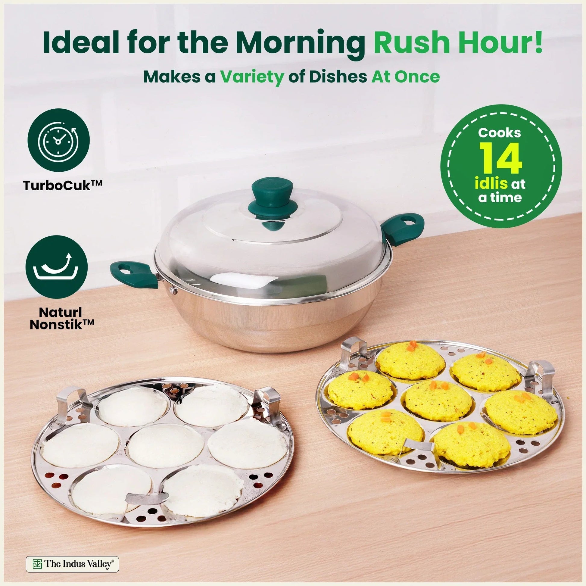 The Indus Valley 14 Pit Tri-Steel Multi Pot Premium Stainless Steel Idli/ Momo Maker/ Veg Steaming Set, Tri-ply Induction Bottom, 2 Plates, 27cm 