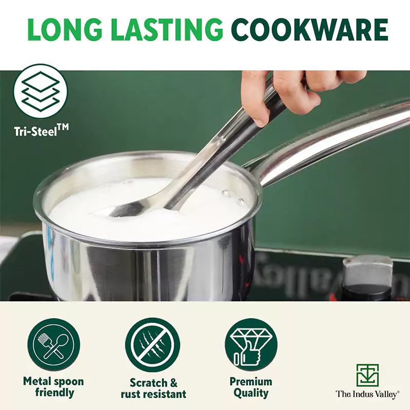 The Indus Valley TurboCuk Tri-ply Stainless Steel Cookware Set: 2.2L Kadai+ 1.4L Frypan+ 1.2L Tea/Milk pan, Premium Quality, 3 Layer Thick Body, 100% Toxin-free, Non-stick, Induction & Gas  Grab2Buy The Indus Valley Grab2Buy