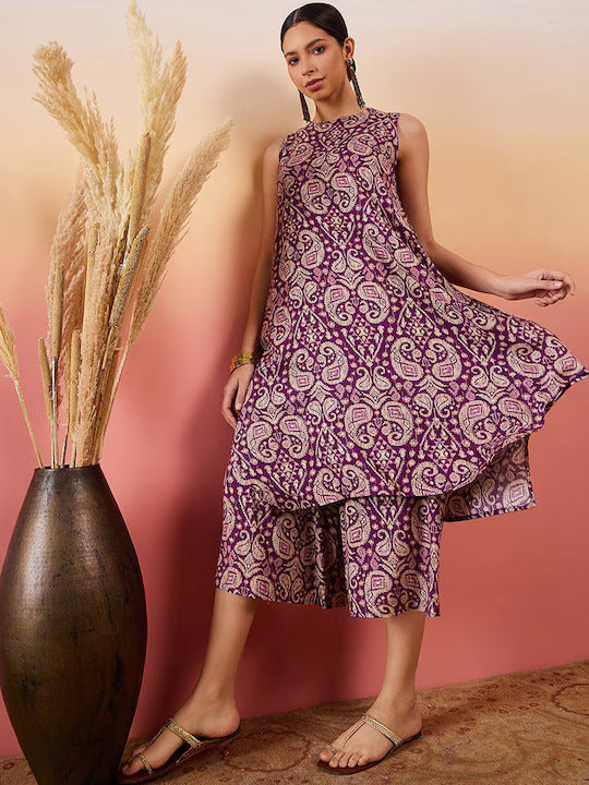 InWeave Dusty Mauve Paisley Round Neck Kurta Short Palazzo Set 