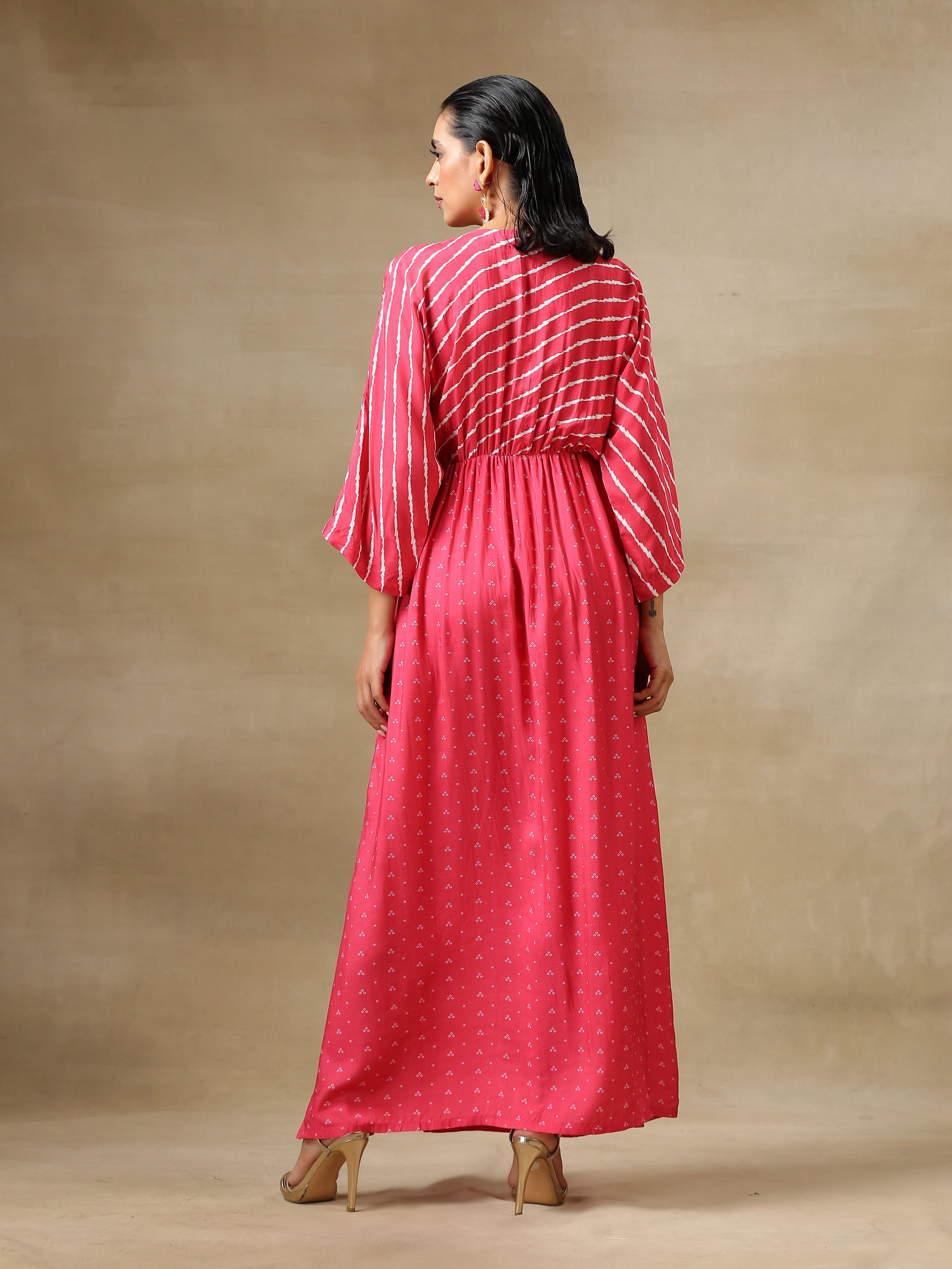 trueBrowns Pink Bandhani Printed Silk Drop Shoulder Dress 