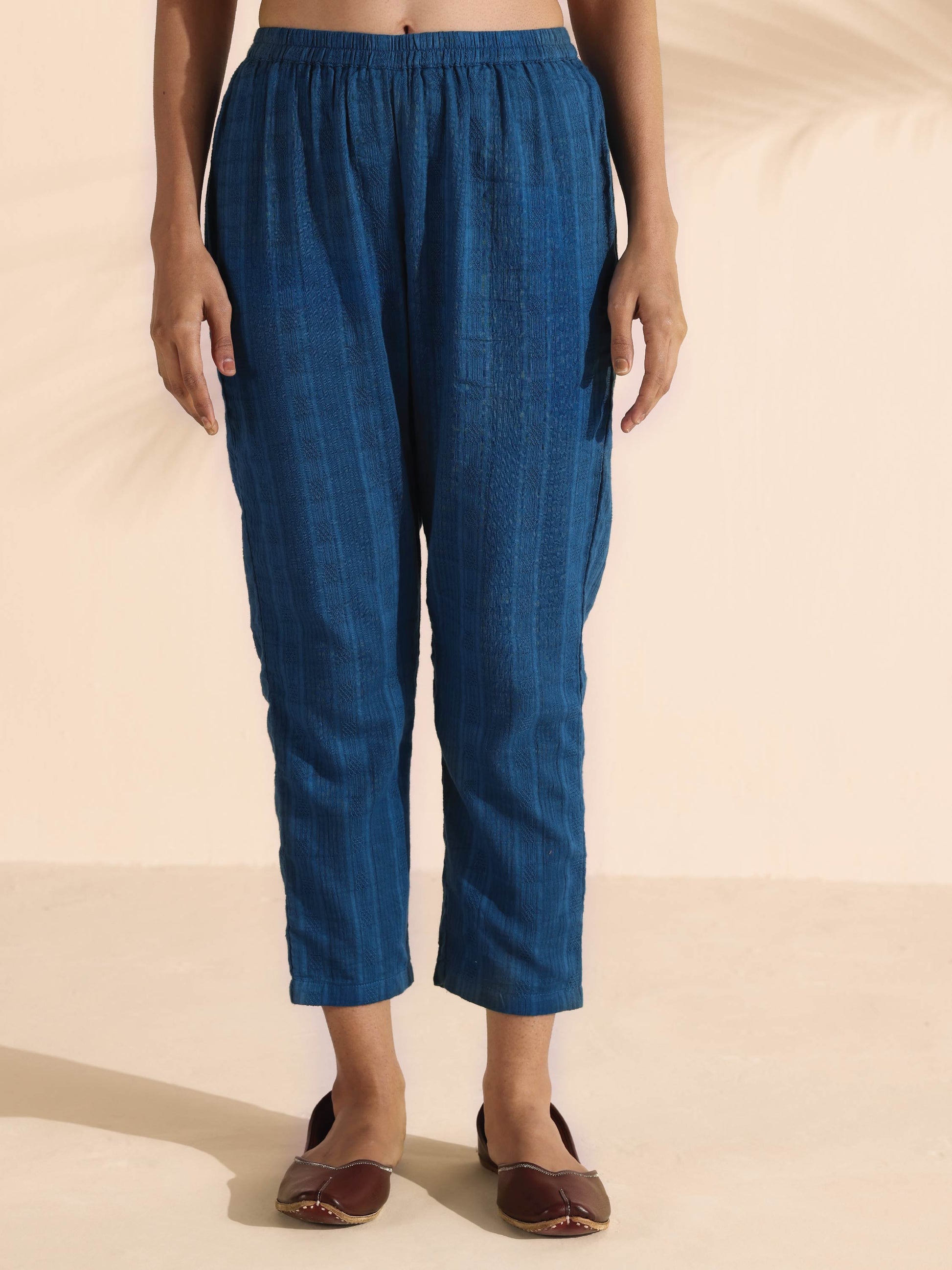 trueBrowns Blue Cotton Dobby Flared Kurta Pant Set 