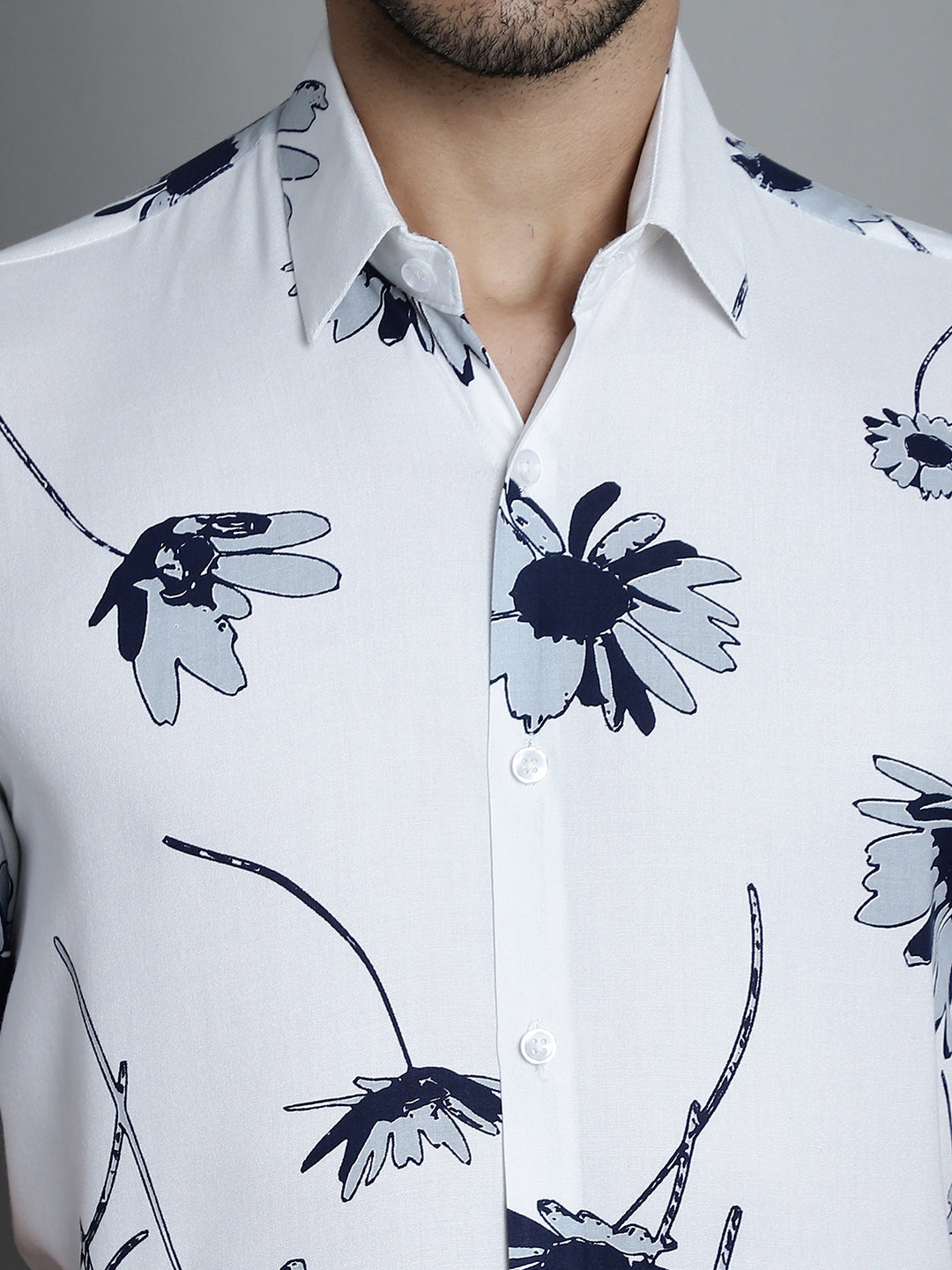 Jainish Men's Floral Printed Formal Shirts - White