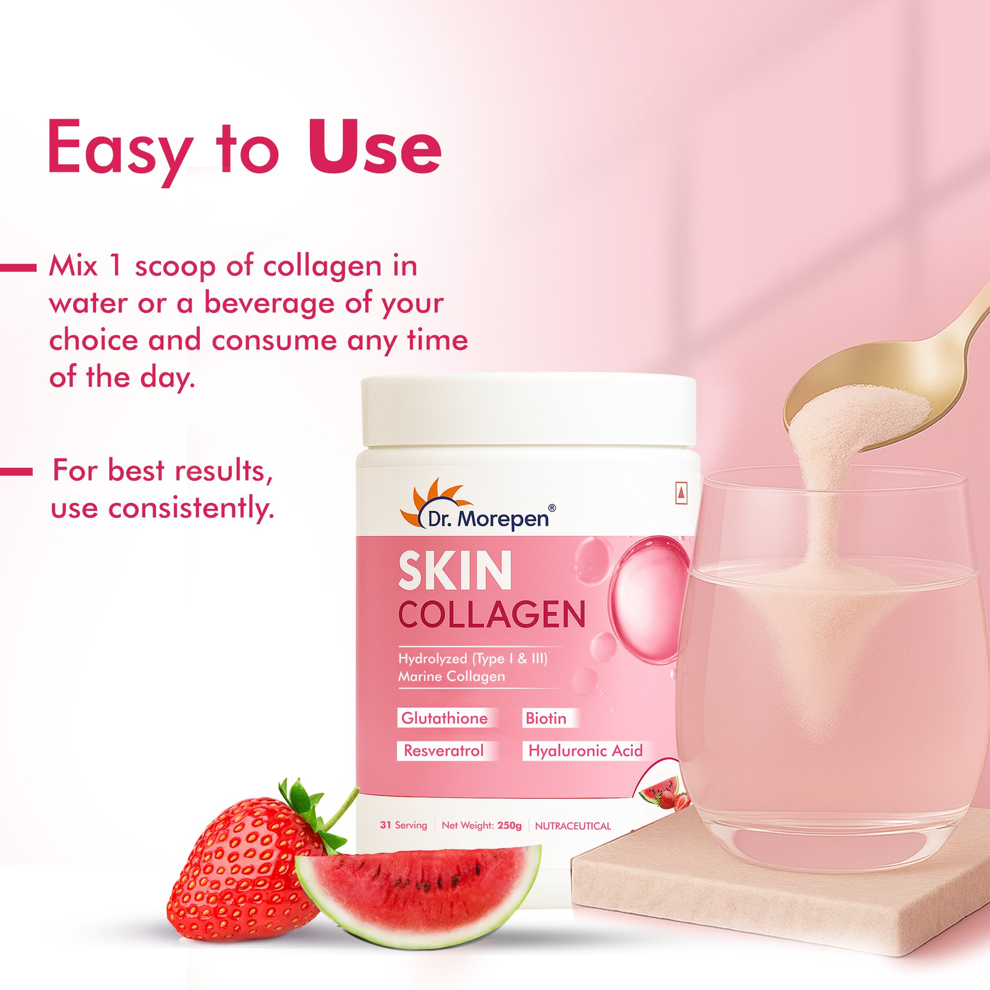 Dr. Morepen Skin Collagen Protein Powder With Hyaluronic Acid, Vitamin C, Sesbania & Biotin - Pineapple Flavour 