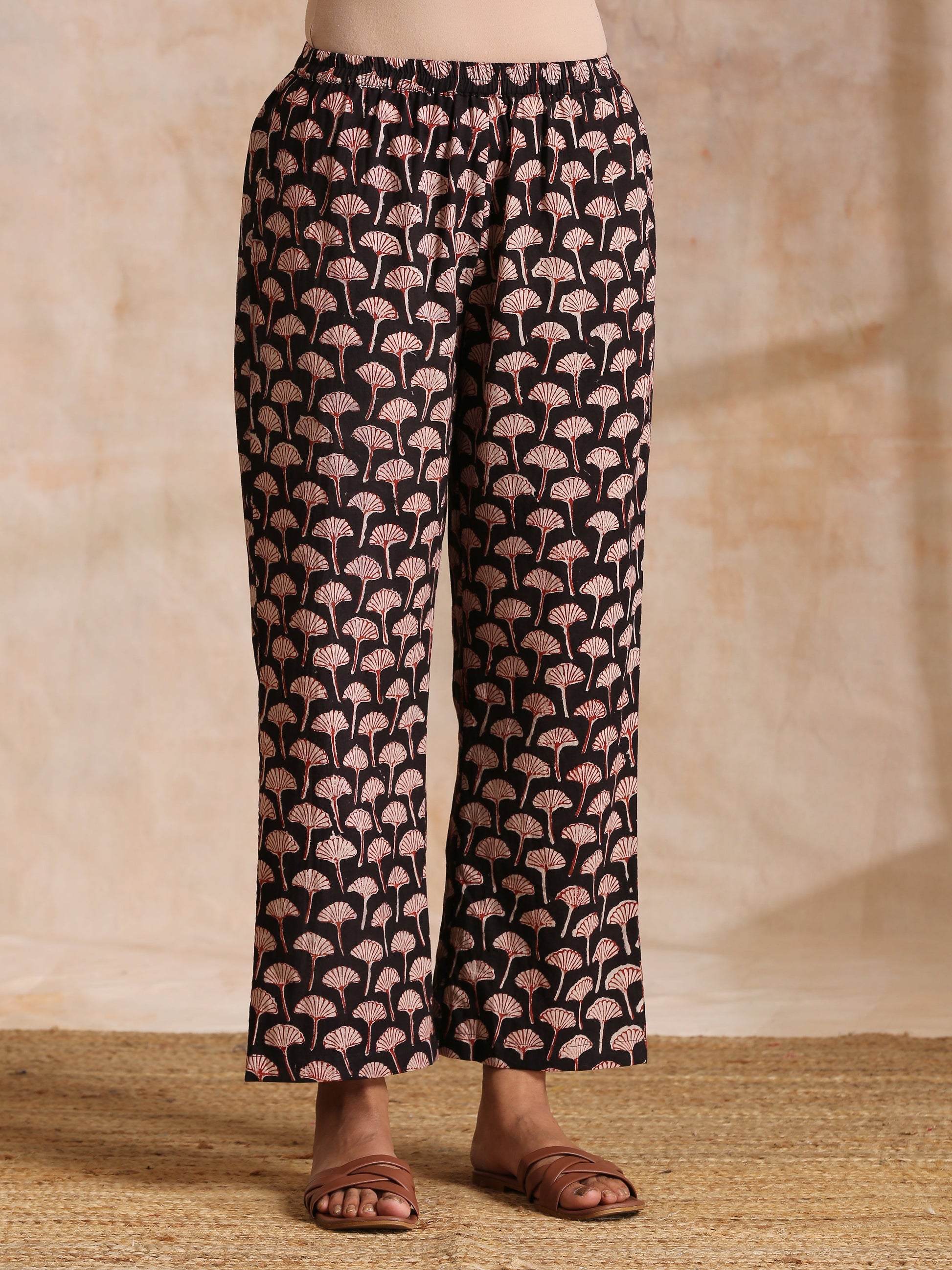 trueBrowns Rust Red Bagru Floral Print Cotton Panel Kaftan Kurta Pant Set 