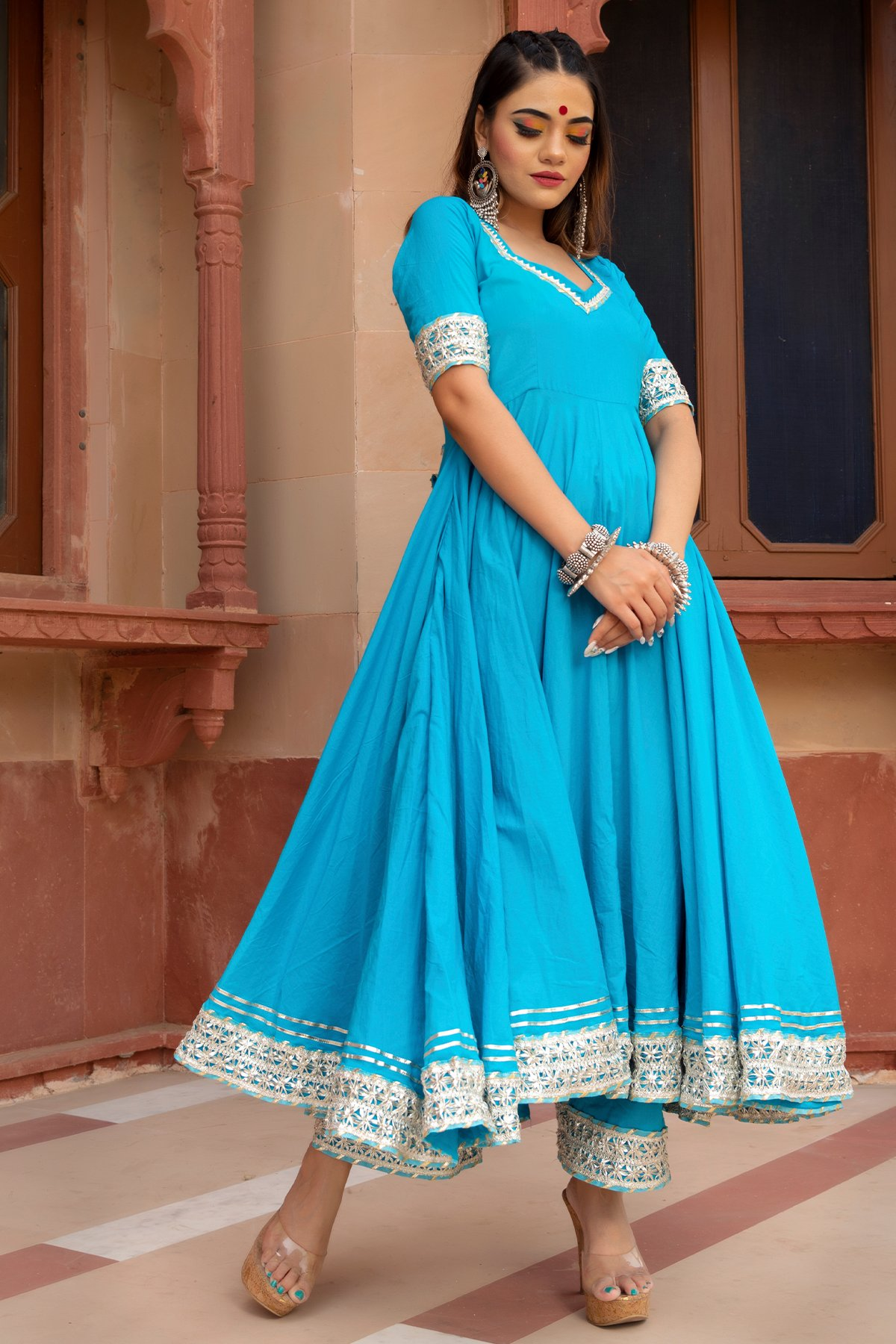Pomcha Jaipur Kalamkari Blue Pure Cotton Anarkali Set 