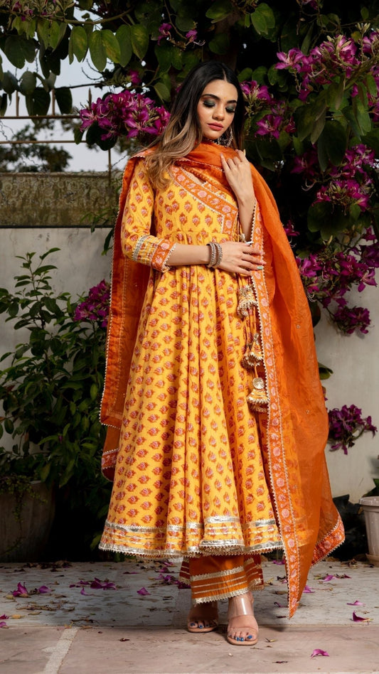 Pomcha Jaipur Mehar Light Brown Hand Block Anarkali Set 