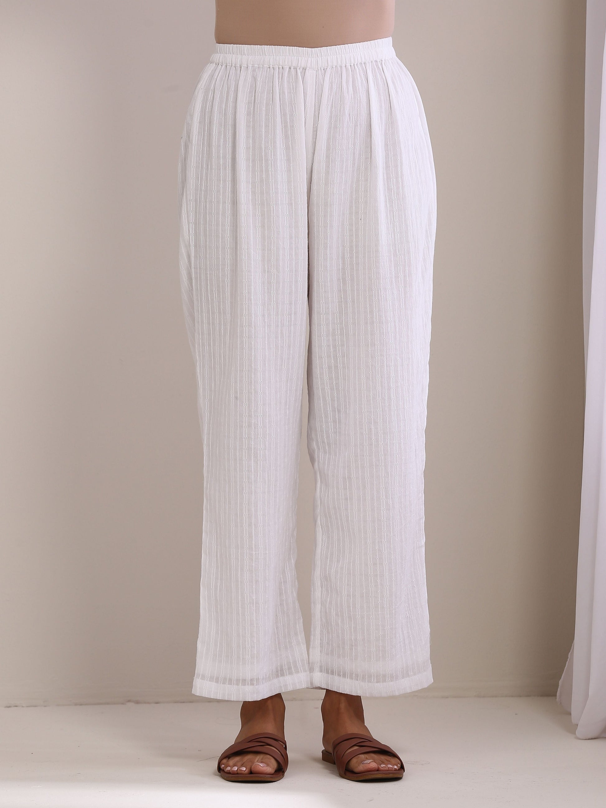trueBrowns White Dobby Panel Kaftan Kurta Pant Set | Swadesiicart