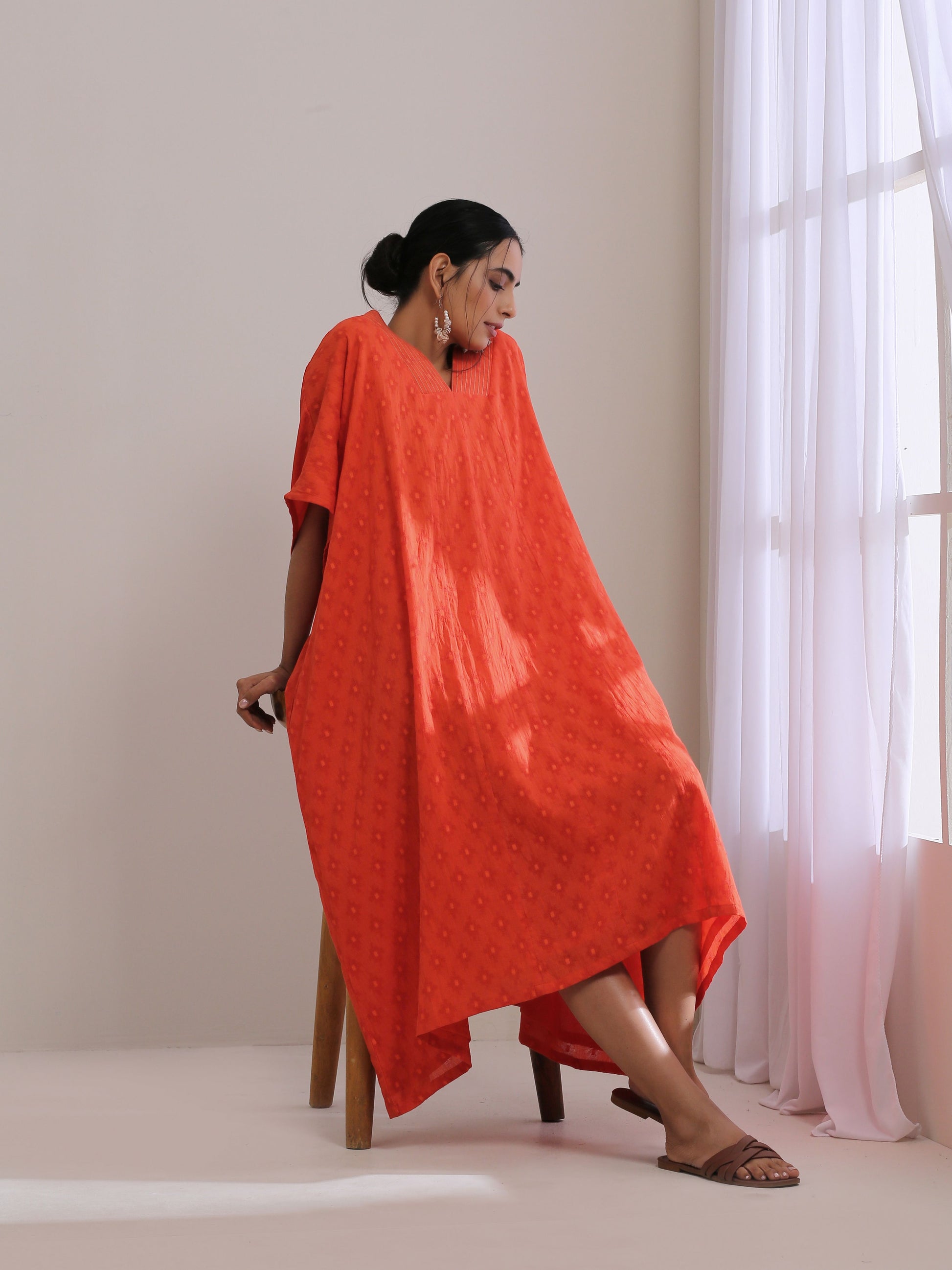 trueBrowns Orange Dobby Panel Kaftan Dress 
