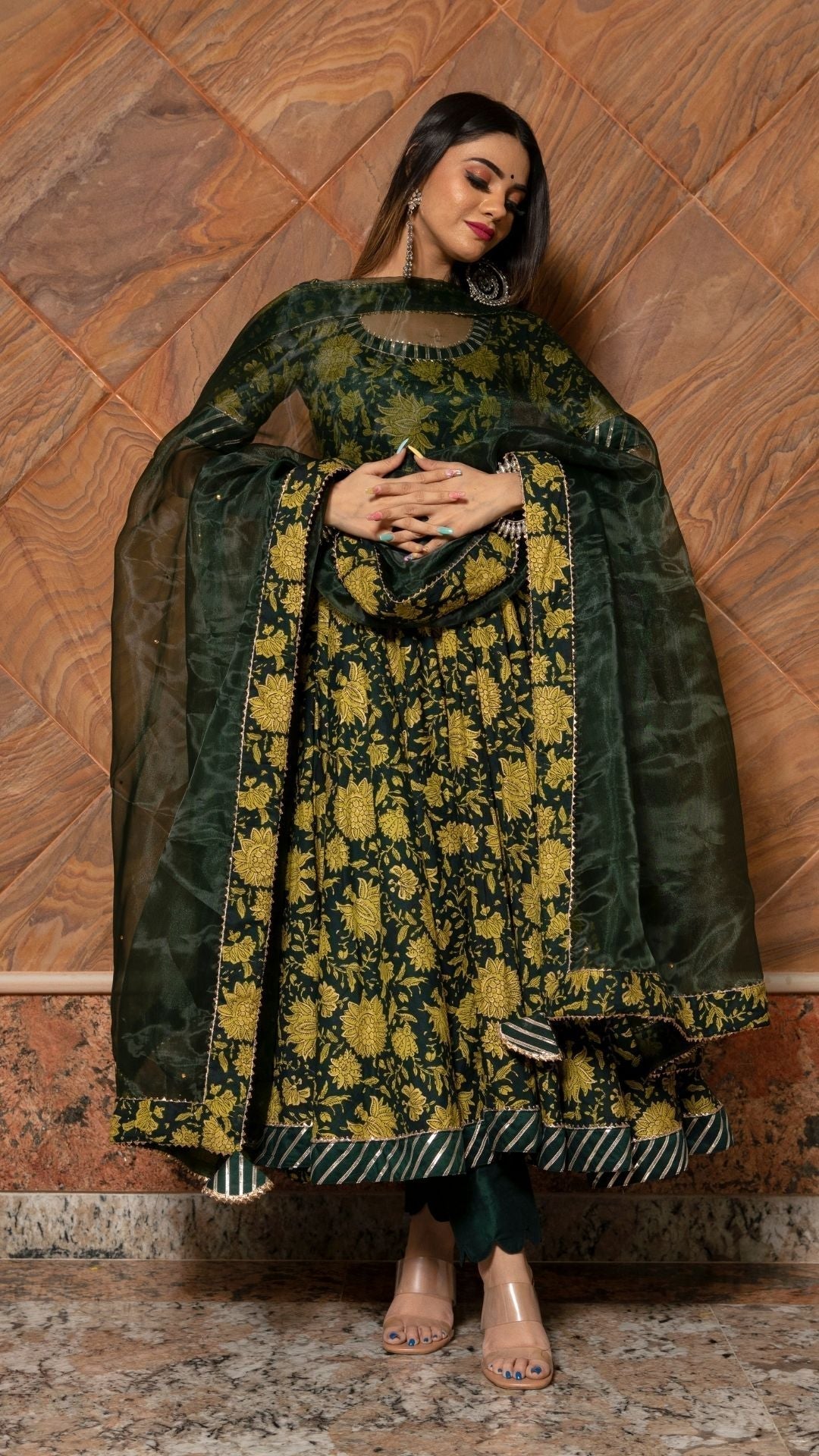 Pomcha Jaipur Idika Green Hand Block Anarkali Set 