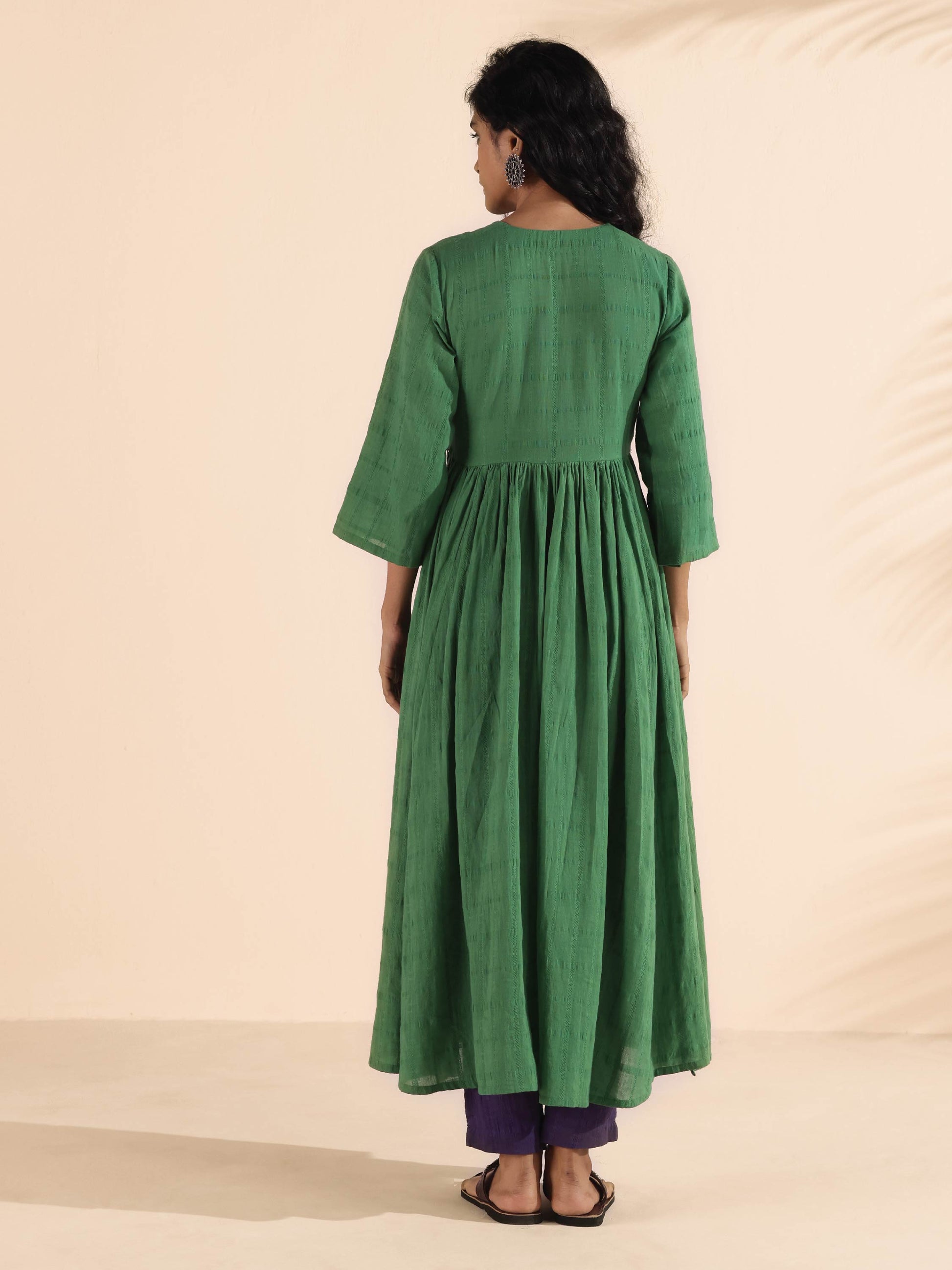 trueBrowns Green Cotton Dobby Flared Kurta Pant Set 