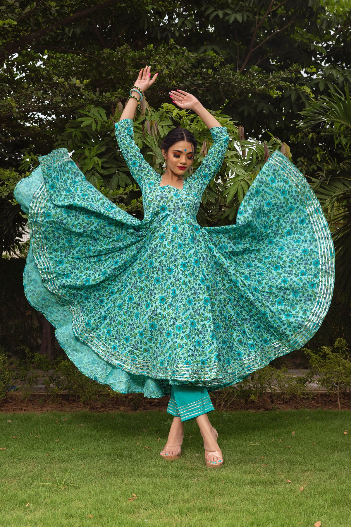 Pomcha Jaipur Morni Hand Block Cotton Anarkali Set 
