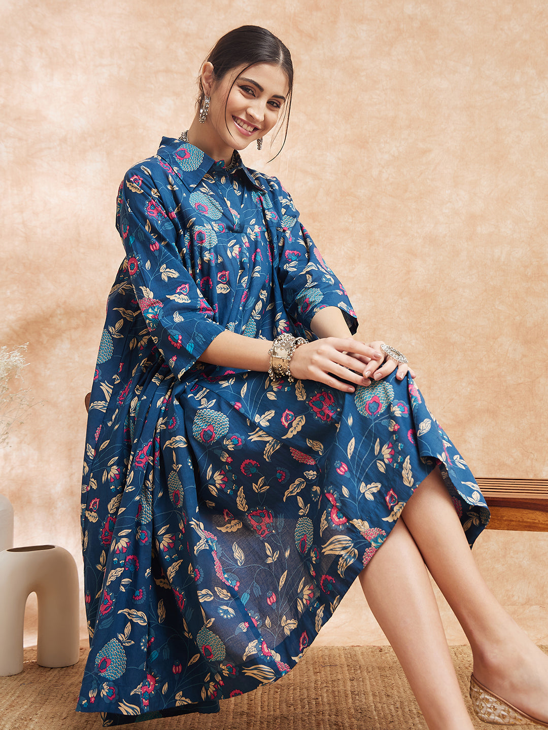 InWeave Women's Blue Pink Kalamkari Flared Dress 